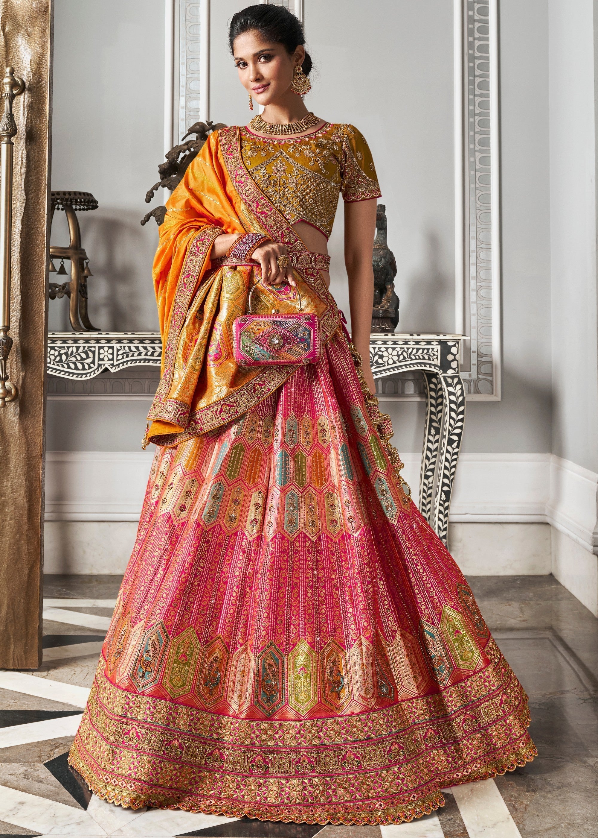 Mustard Yellow & Orange Banarasi Silk Lehenga with Zarkan Codding work | Ready To Wear - qivii