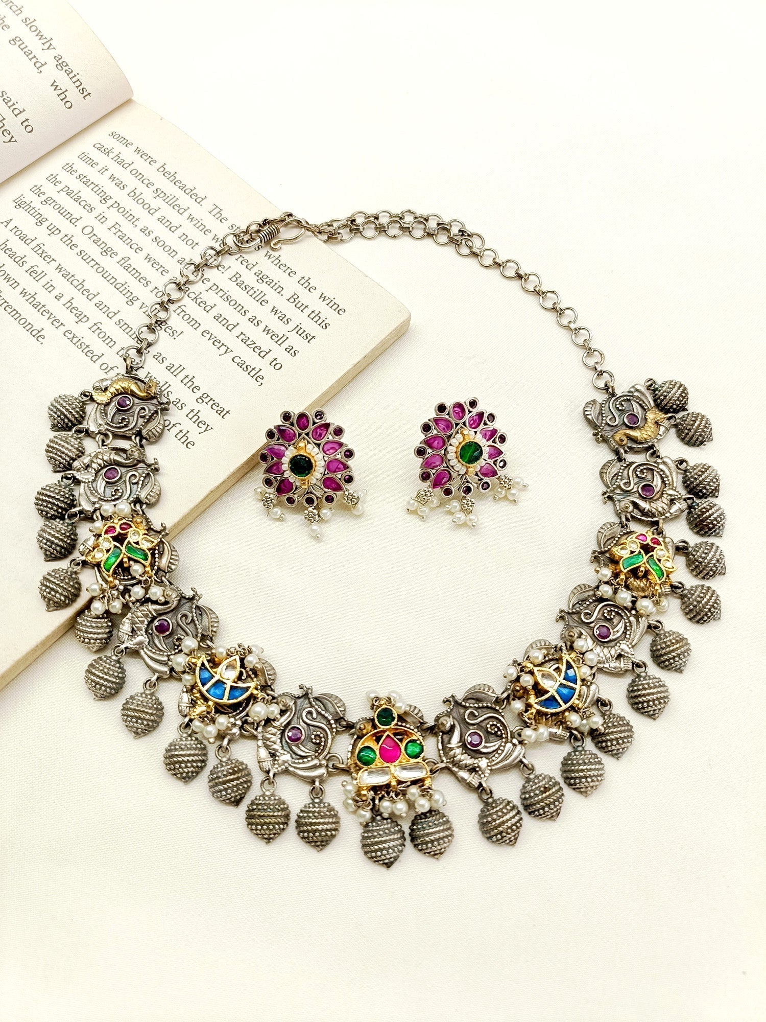 Blanche Multi Colour Peacock Oxidized Necklace Set - qivii