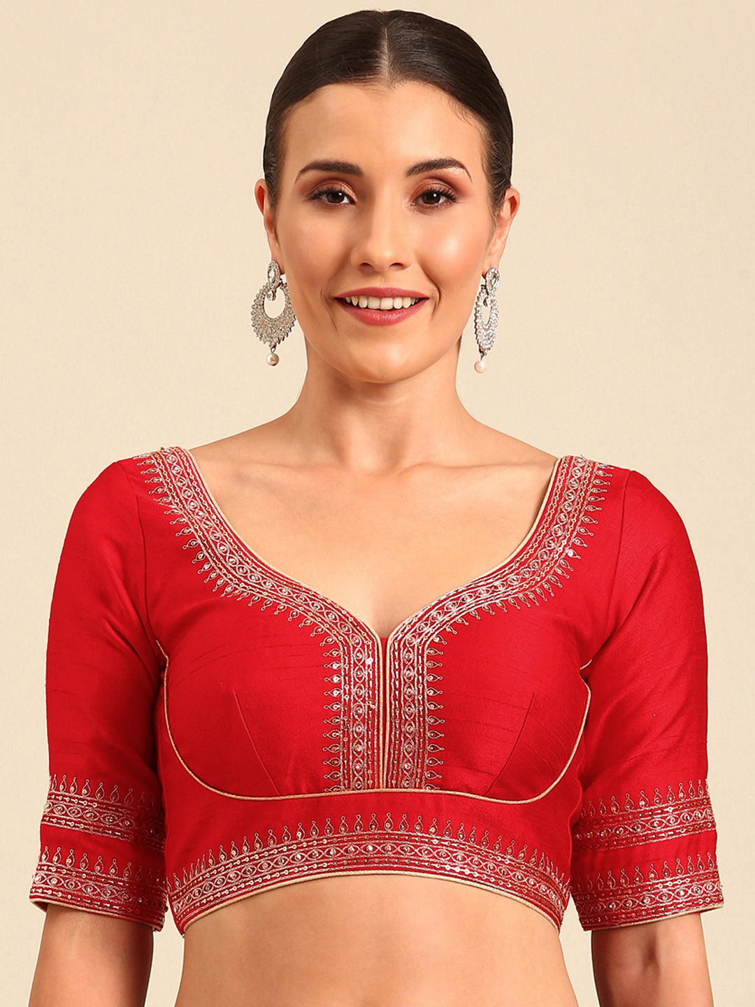 Dark Red-Toned Pure Silk Embroidery Work Readymade Blouse