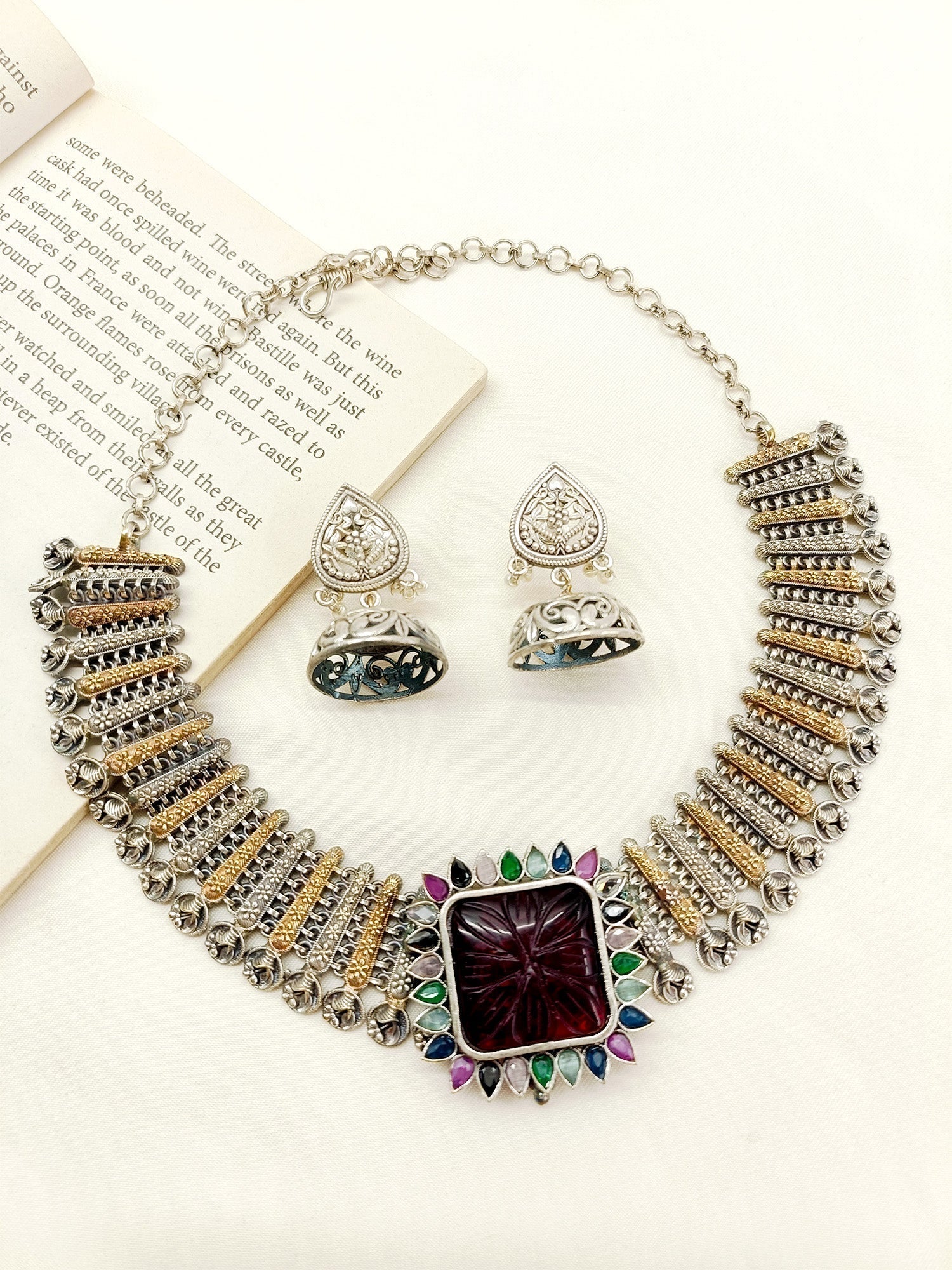 Zordozi Multi Colour Oxidized Necklace Set - qivii