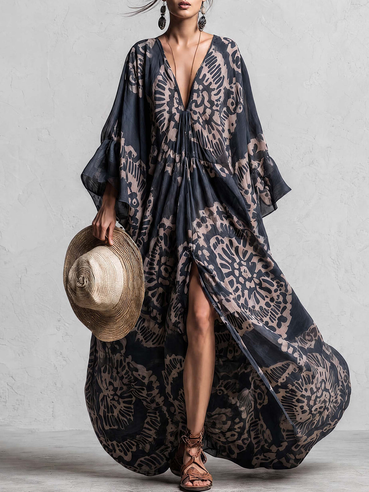 Elegant And Flowing Retro Print V-neck Dark Blue Chiffon Slit Maxi Dress - By Qivii