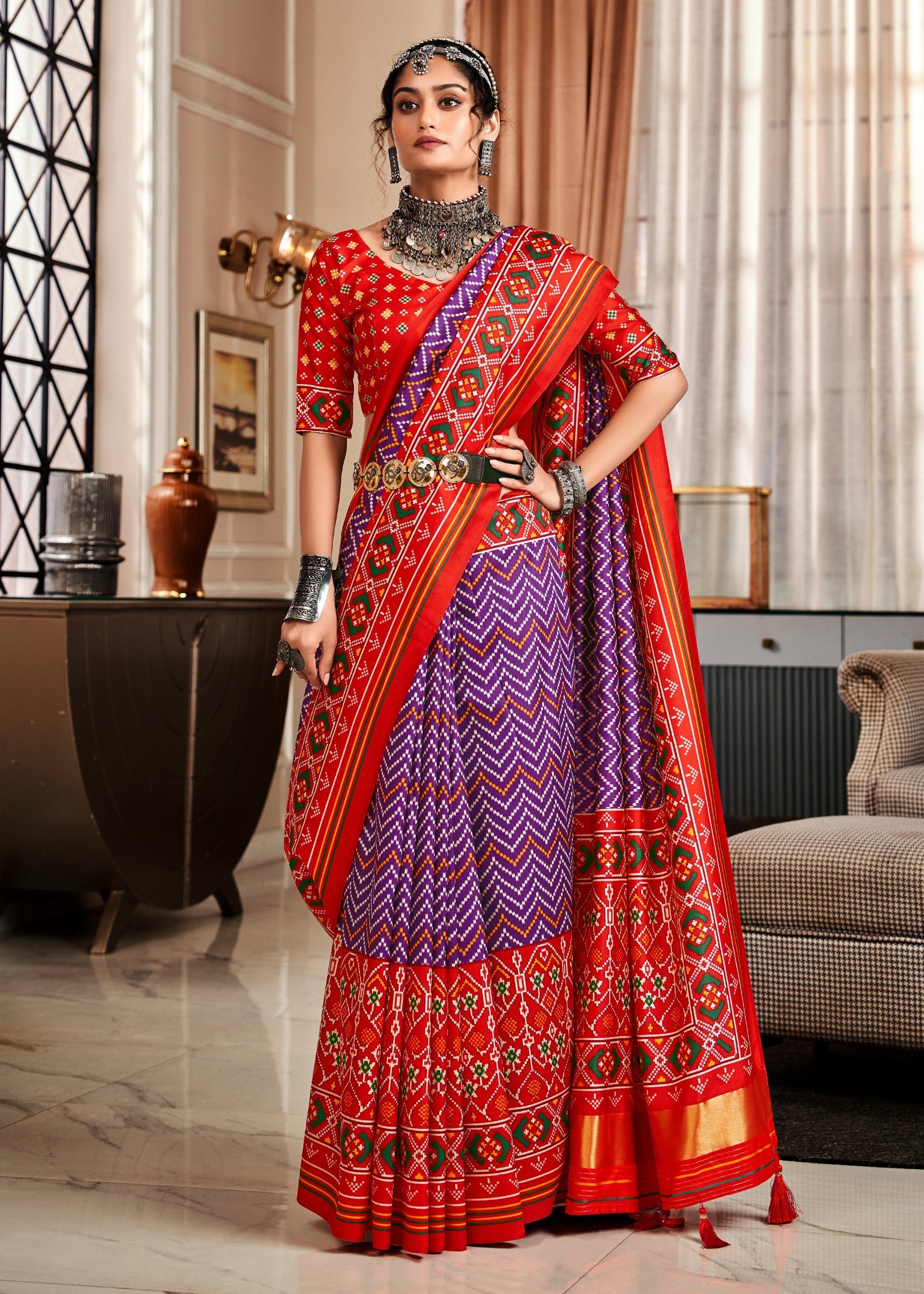 Byzantine Purple Tussar Silk Saree With Beautiful Patola Print - qivii