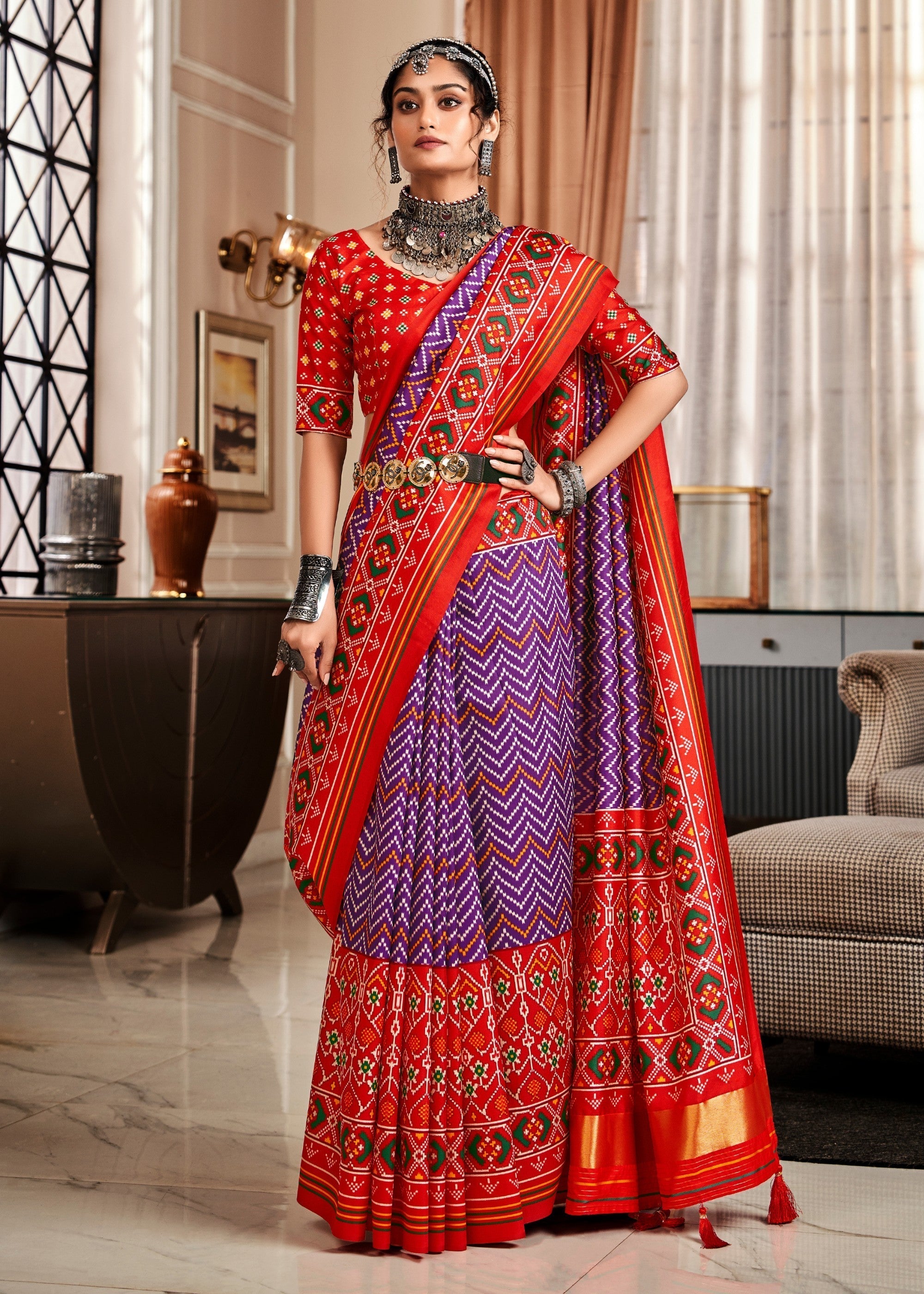 Byzantine Purple Tussar Silk Saree With Beautiful Patola Print - qivii