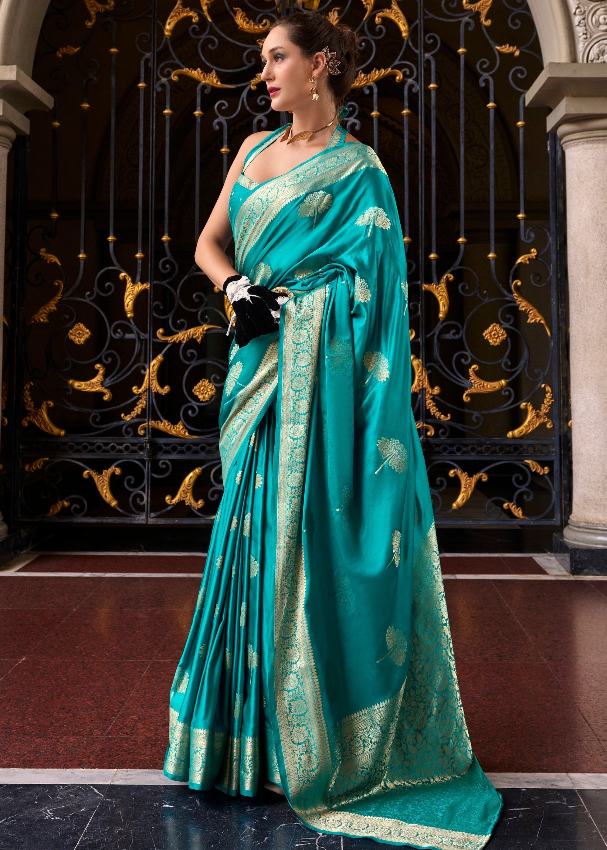 Sapphire Blue Satin Mungha Silk Saree - qivii