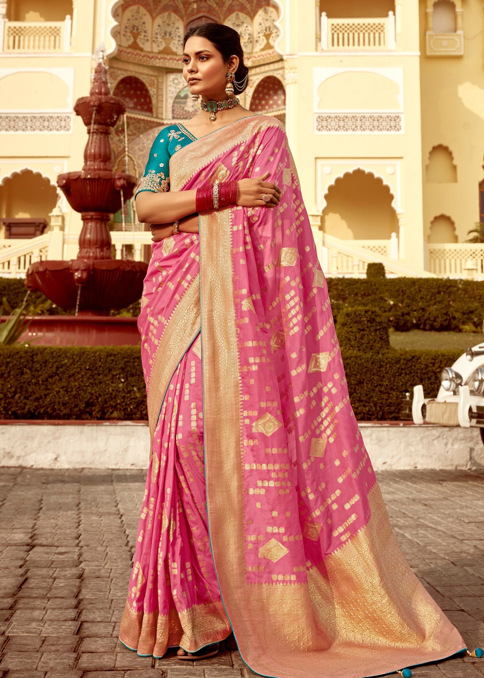 Rose Pink Dola Silk Saree Embellished With Weaving Work And Heavy Embroidered Blouse - qivii