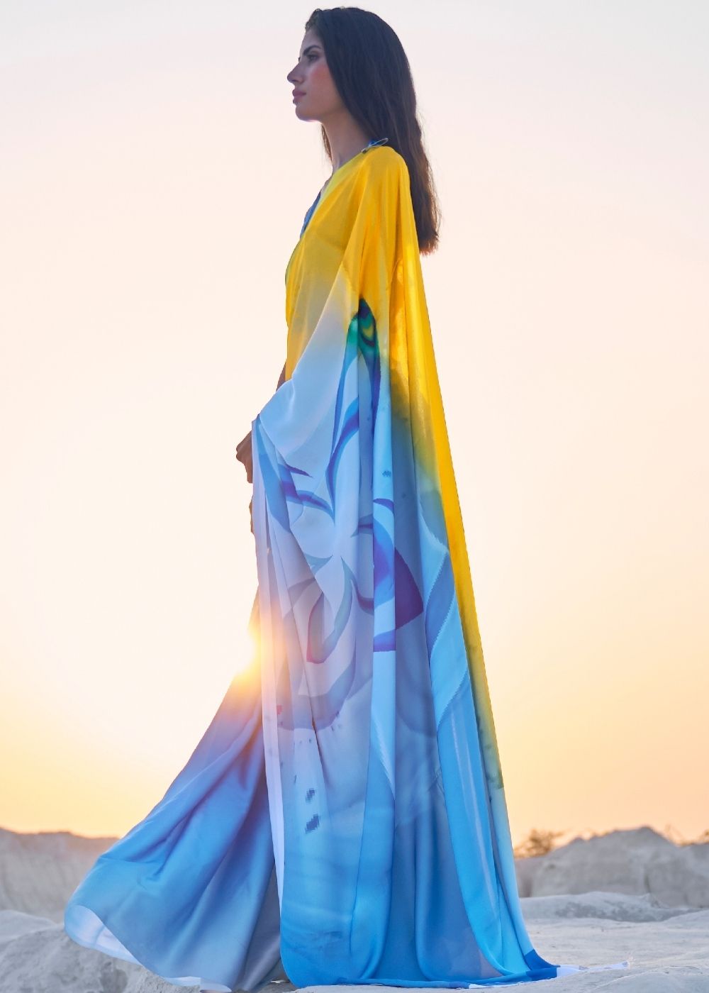 Maya Blue Digital Printed Crepe Silk Saree - qivii