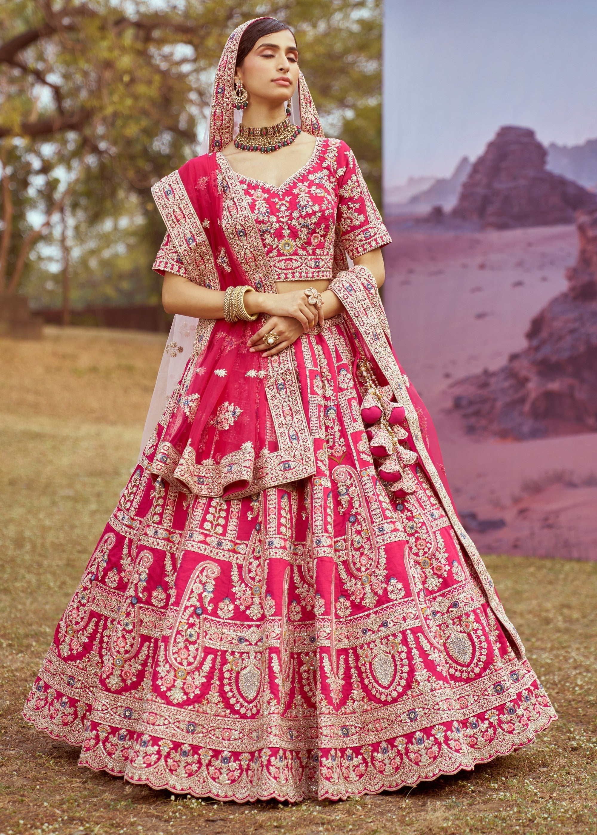 Pink Pure silk Moti, Sequins Embroidery Bridal Lehenga | Ready To Wear - qivii