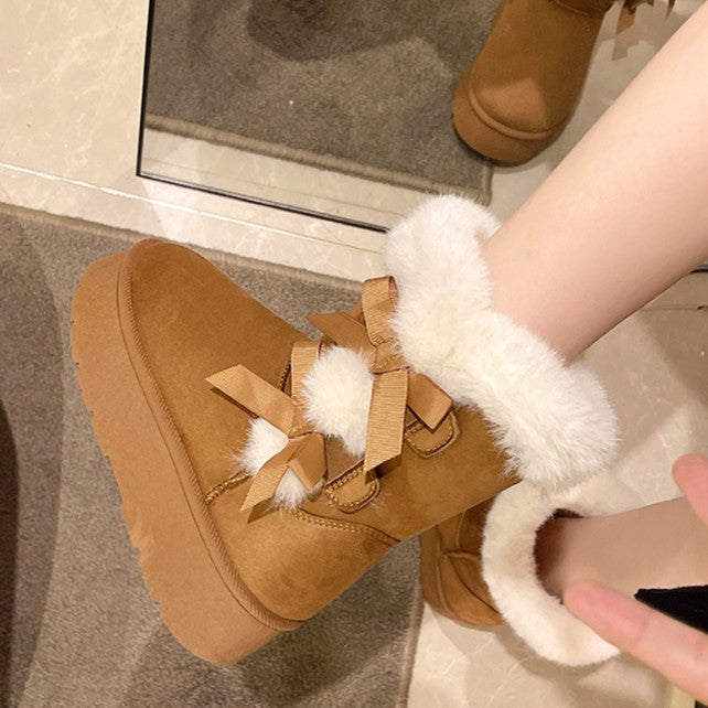 Women's Bow-Knit Cozy Winter Boots - Shearling Lined Chunky Platform Snow Boots (US 5-9.5)