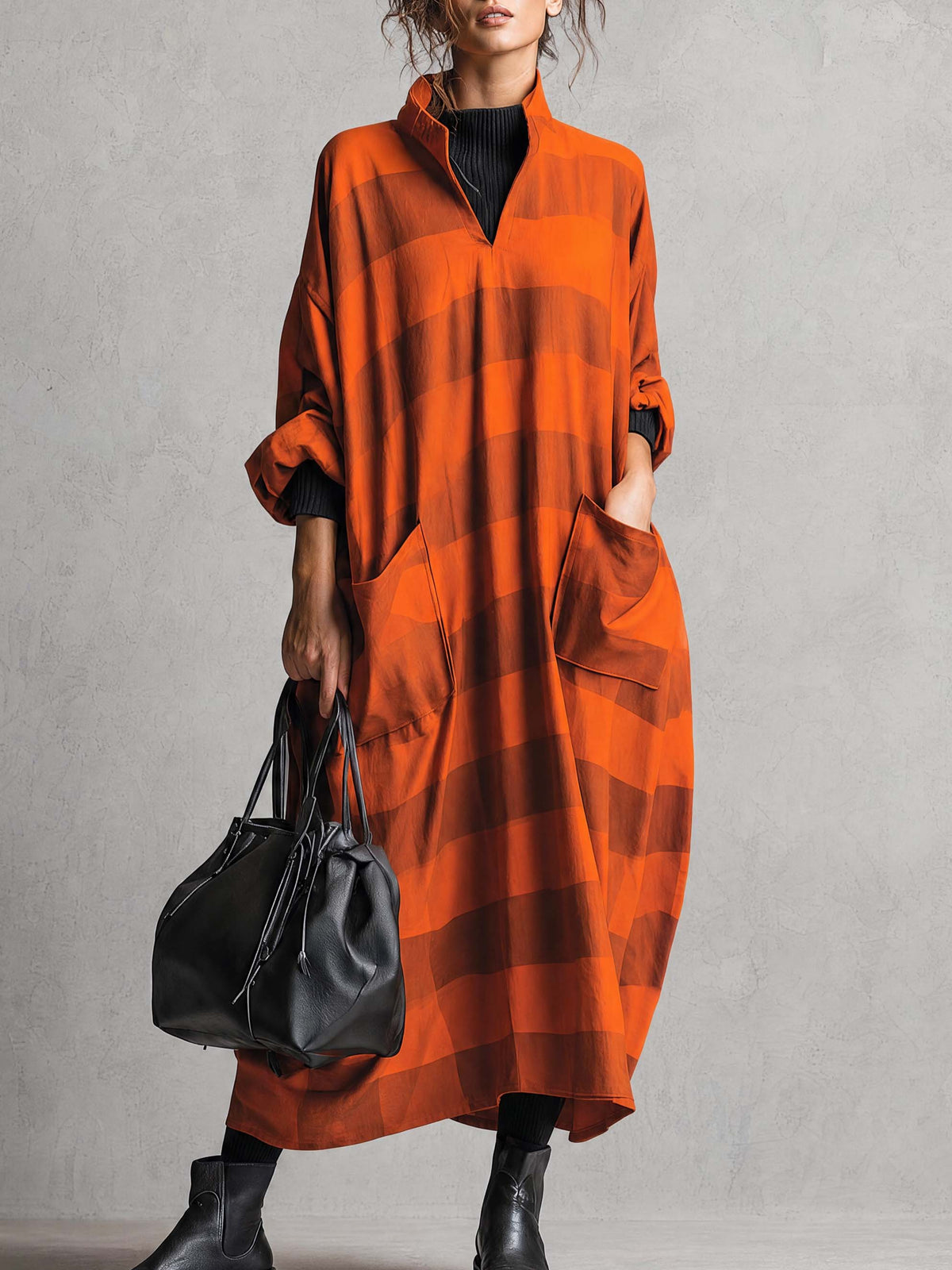 Vintage Fashion Ultra Loose V-neck Large Pockets Orange And Brown Wide Striped Maxi Dress - By Qivii