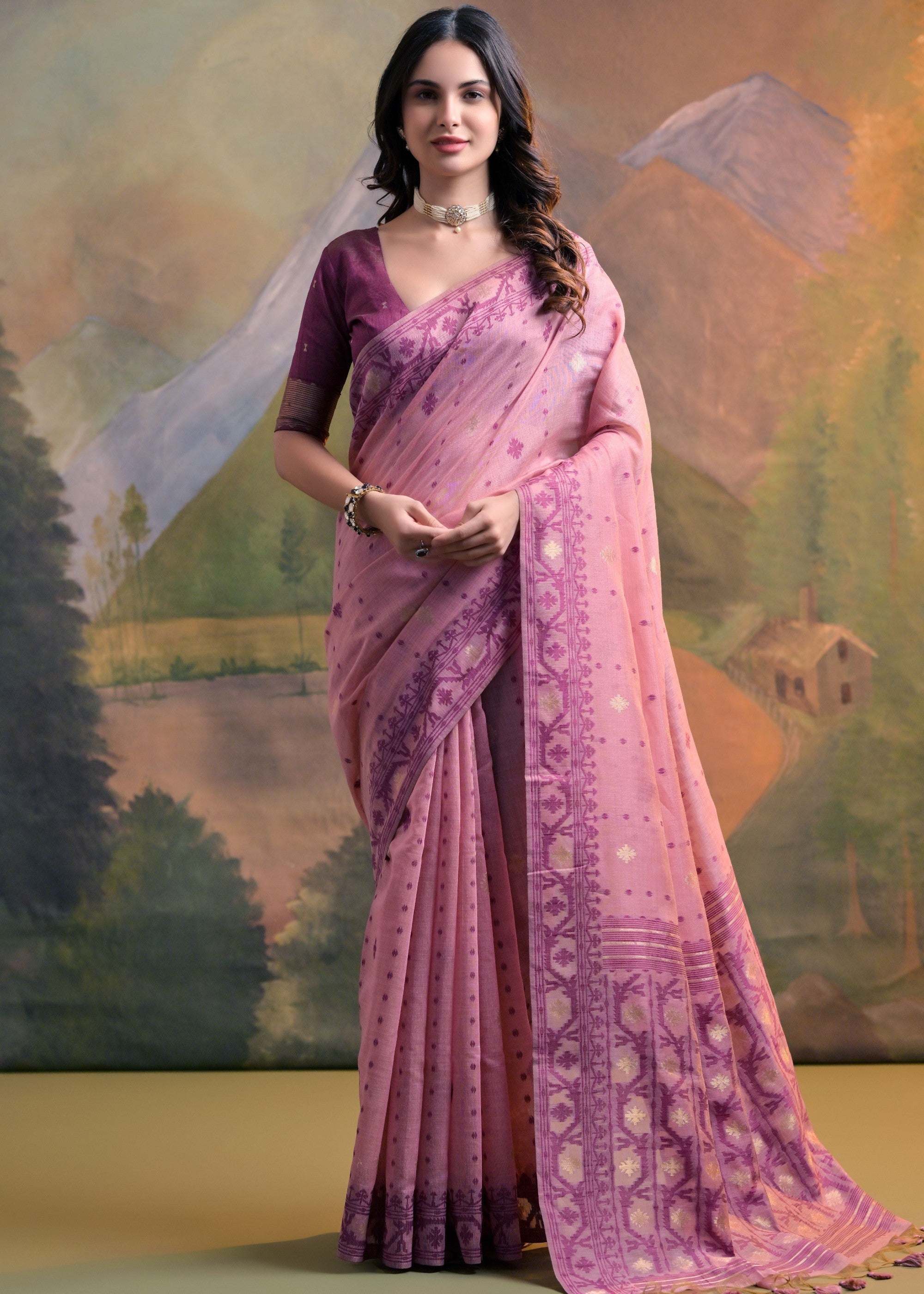 Blush Pink Thread Woven Cotton Saree With All Over Butti - qivii