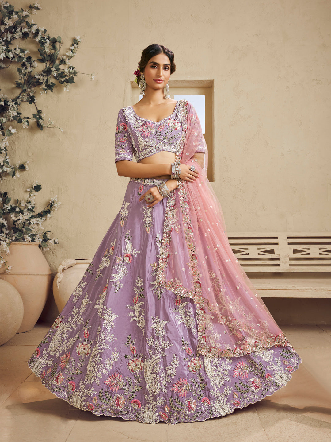 Lavender Color Satin Silk Fabric Sequins embroidery Lehenga choli & Dupatta - qivii