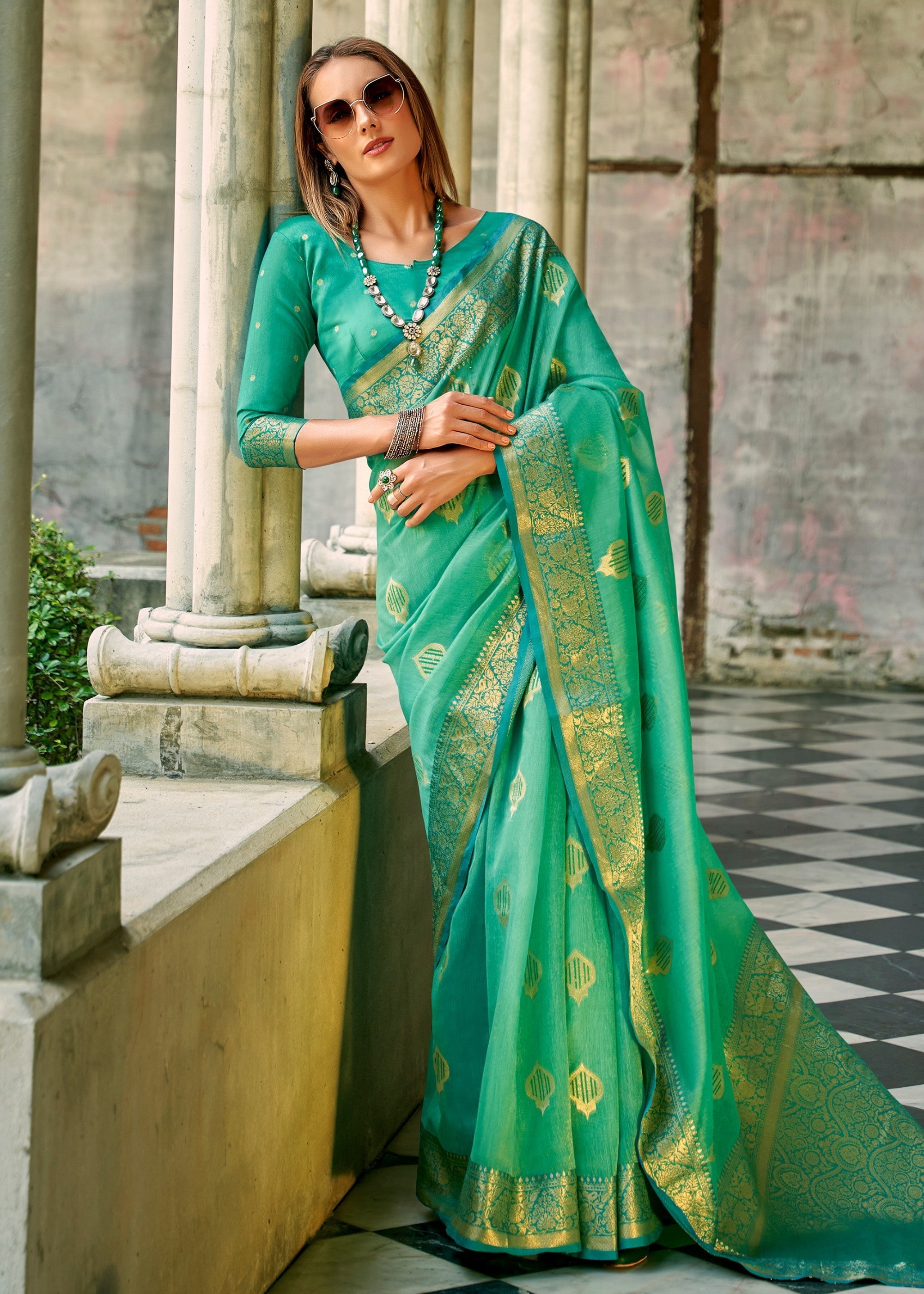 Persian Green Soft Tissue Silk Saree With Contrast Border - qivii