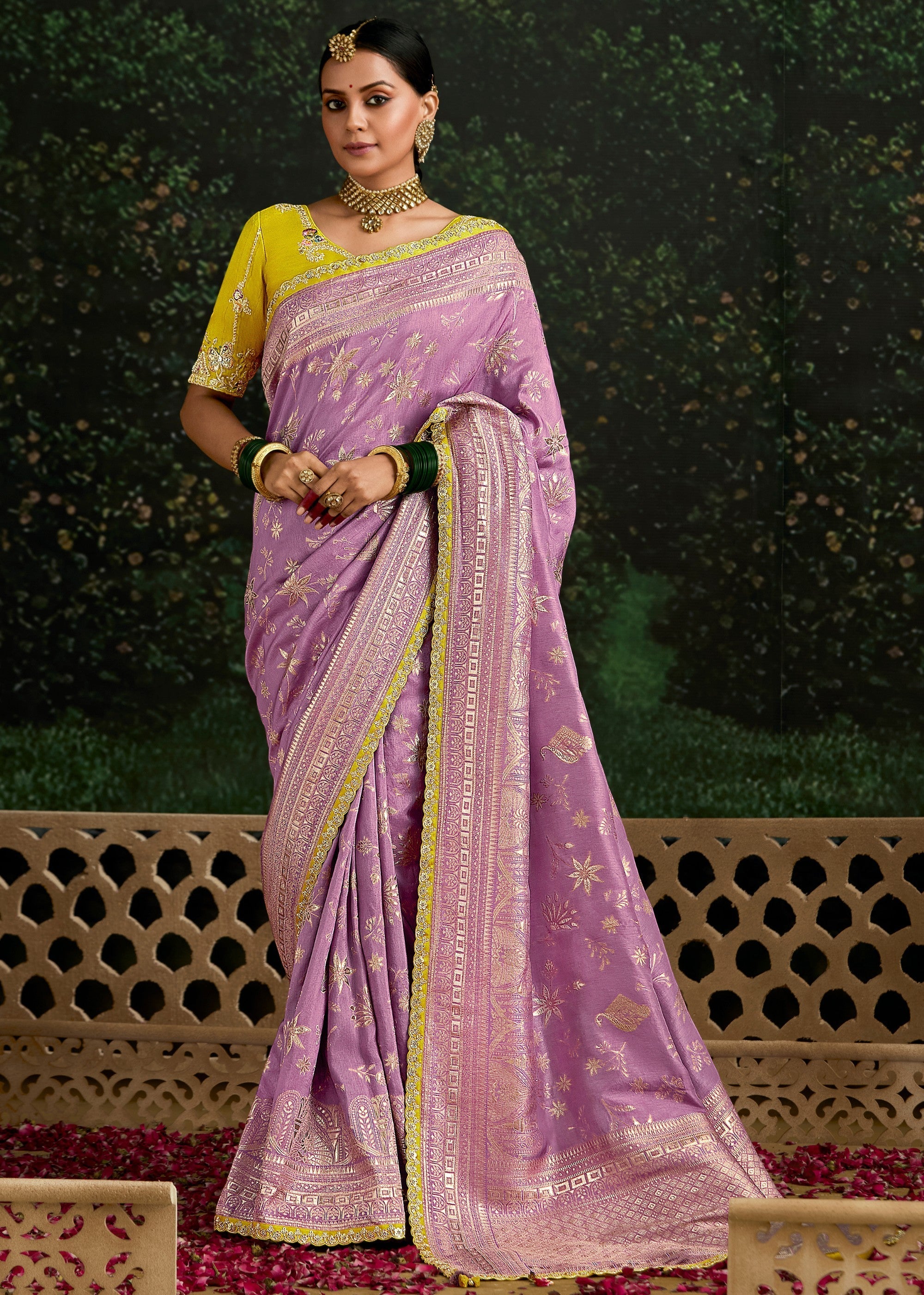 Lavender and Yellow Viscose silk Saree with Zari work - qivii