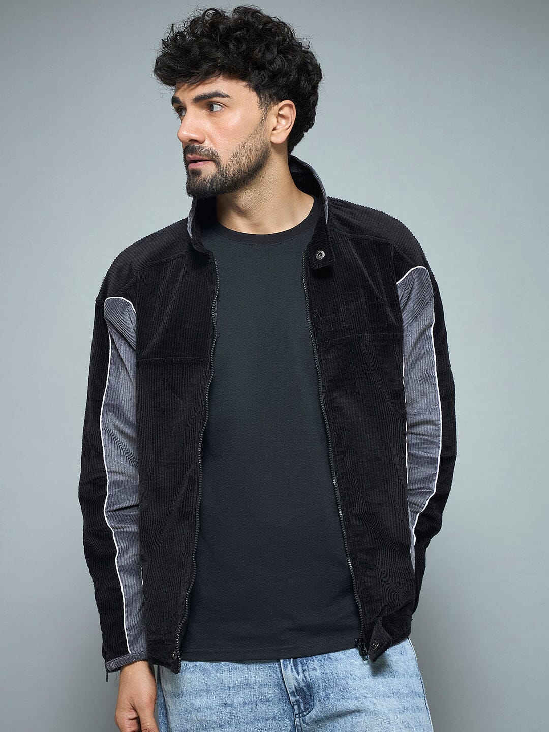 Black & Grey Corduroy Moto Jacket
