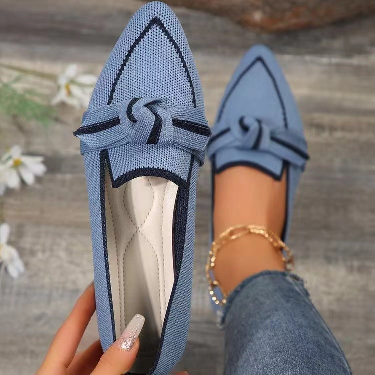 Women's Plus Size Knit Flat Loafers - Slip-On Bowknot Shallow Cut Lazy Work Shoes