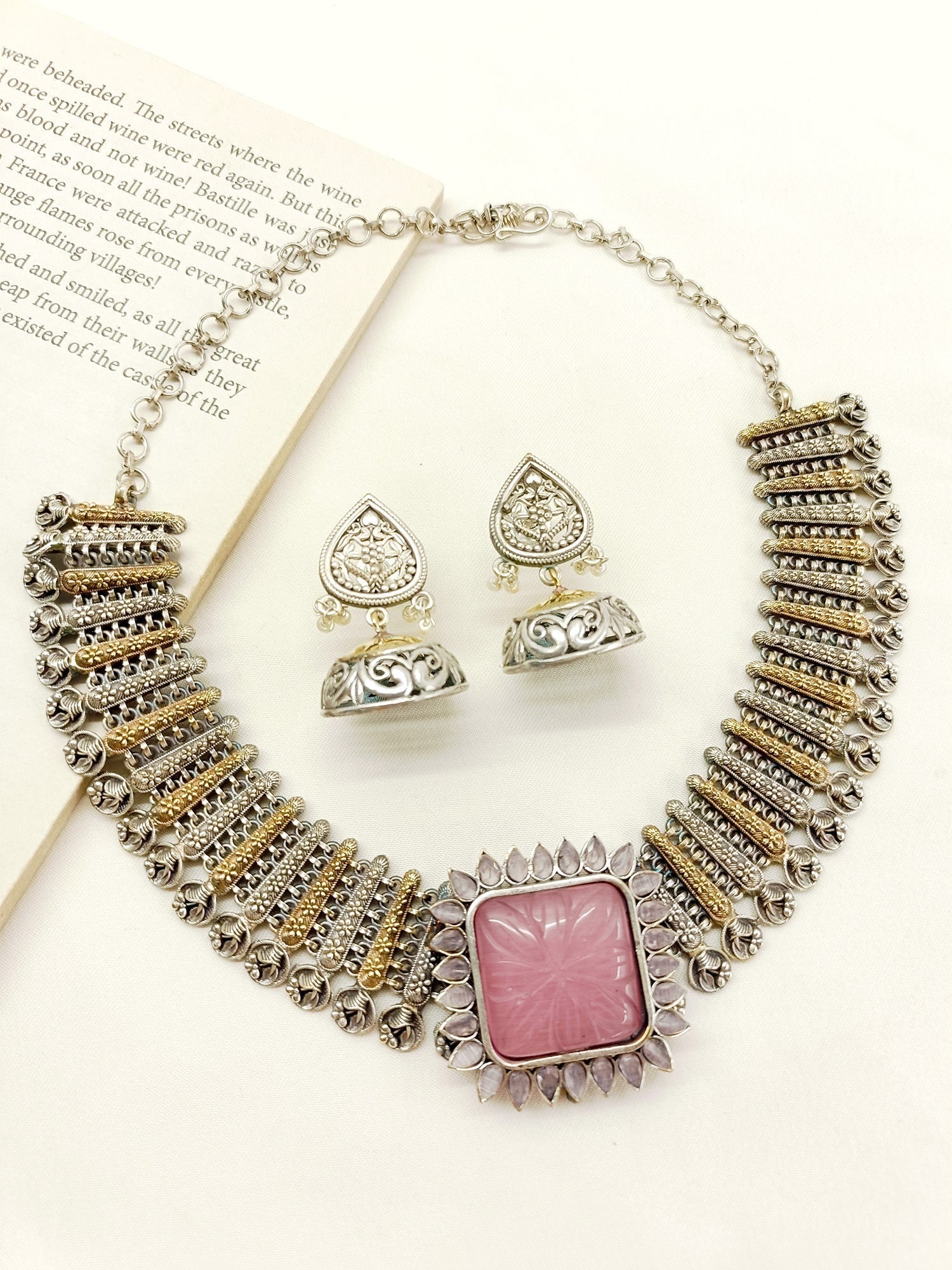 Jagriti Baby Pink Oxidized Necklace Set - qivii