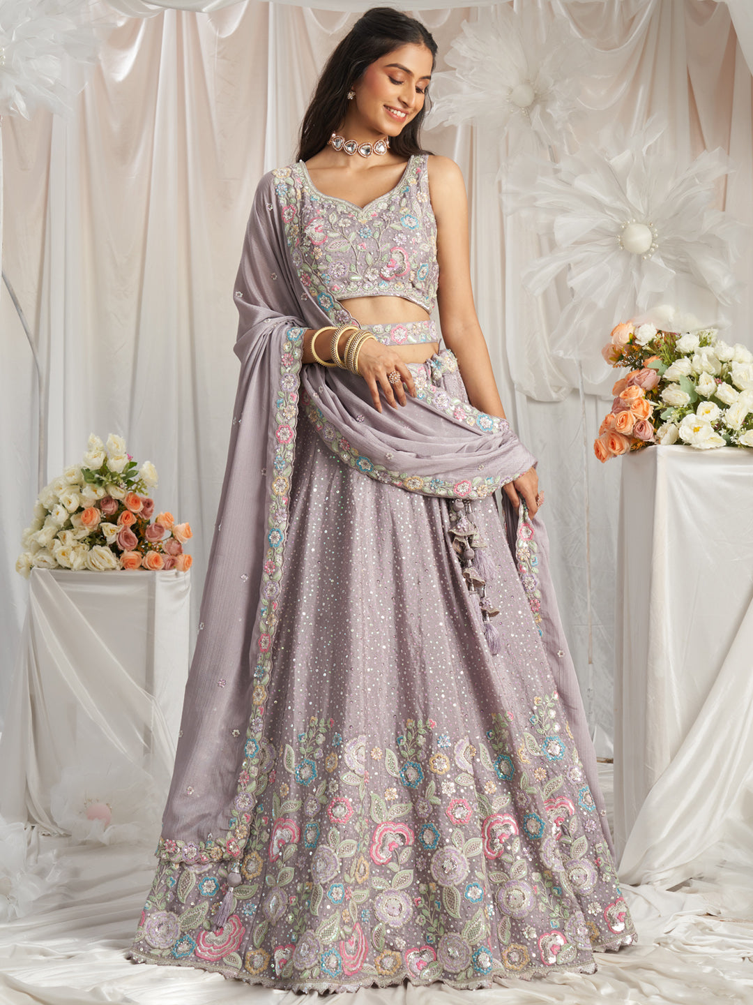 Lavender - Multi-Color Thread,Sequin Heavy Embroidered Pastel Color Chiffon Semi-Stitched Lehenga - qivii