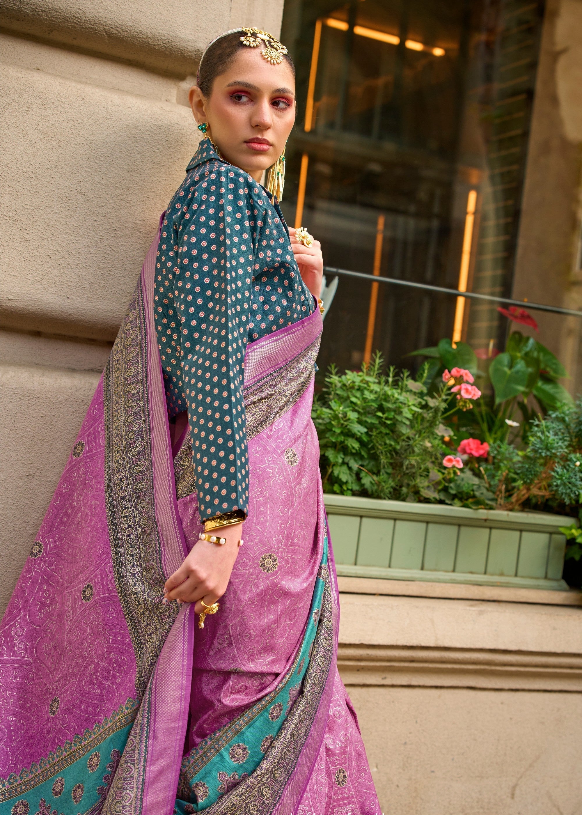 Fuscia Pink Poly Viscose Silk Saree With Foil Print - qivii