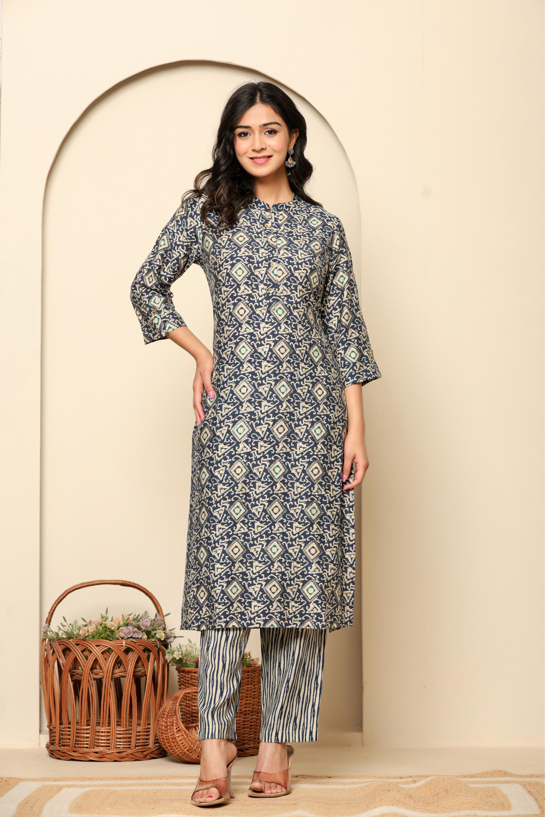 Blue Printed Rayon Kurta Set - qivii