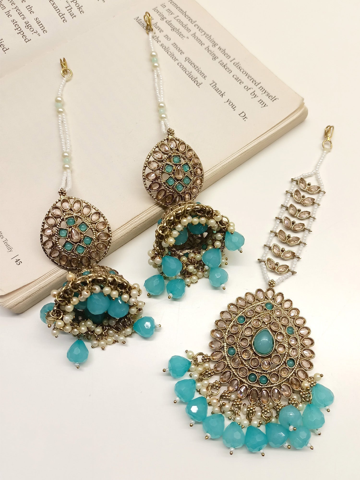 Shivi Sky Blue Polki Jhumki With Teeka - qivii