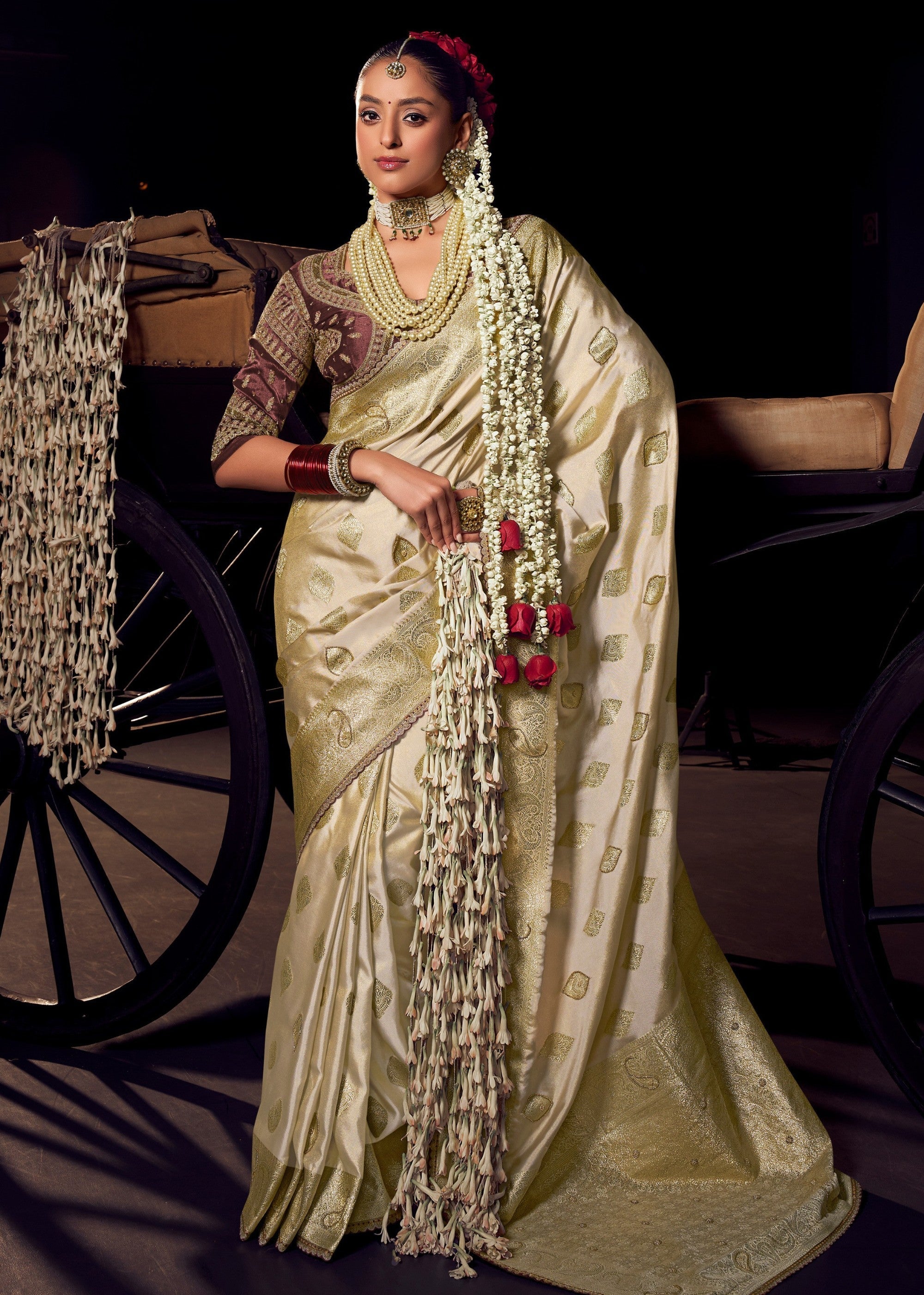 Pearl White Viscose Tissue Silk Saree with Handworked Pallu And Contrast Designer Blouse - qivii