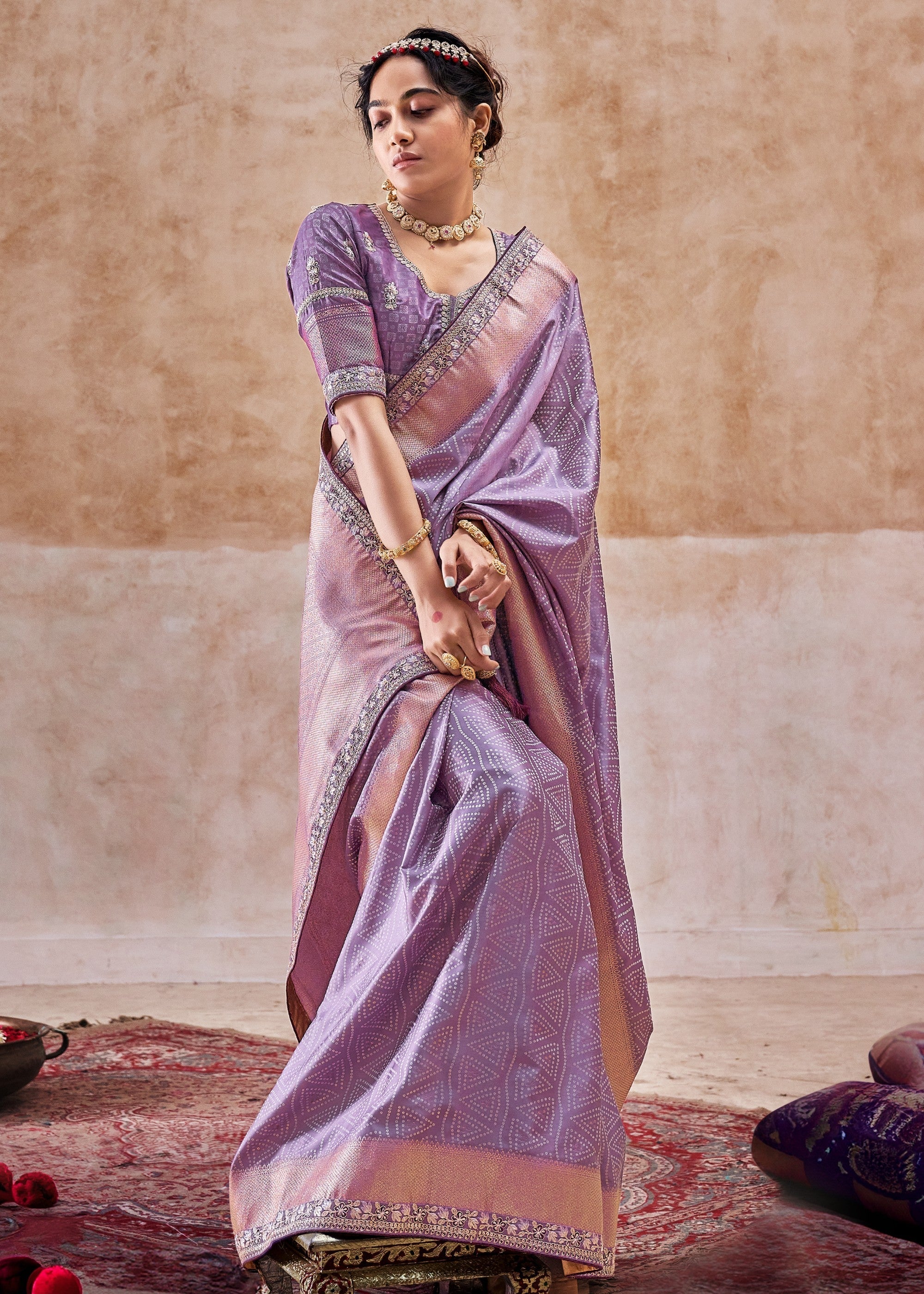 Lilac Purple Satin Silk Saree With Heavy Embroidery Lace & Blouse - qivii