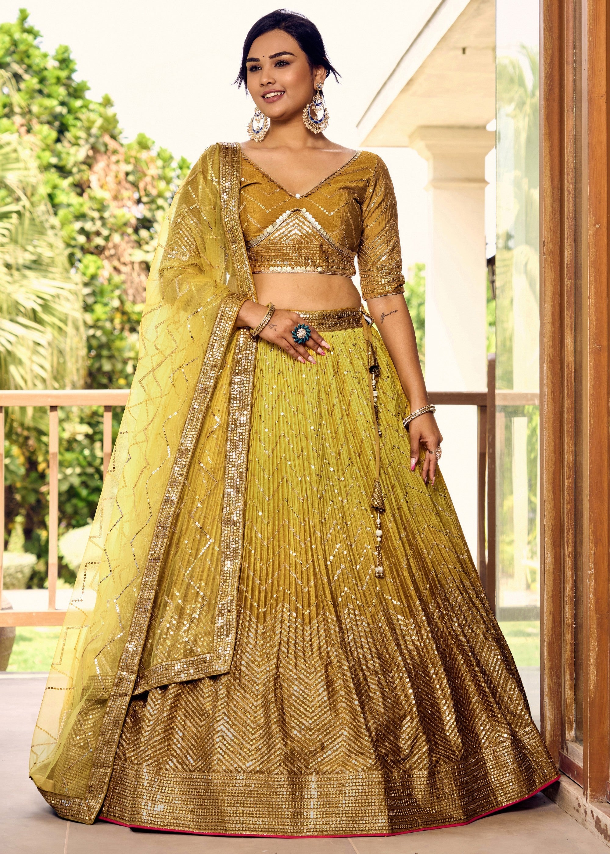 Butterscotch Yellow Chinon Silk Lehenga With Sequence and Thread Embroidery Work | Ready To Wear - qivii