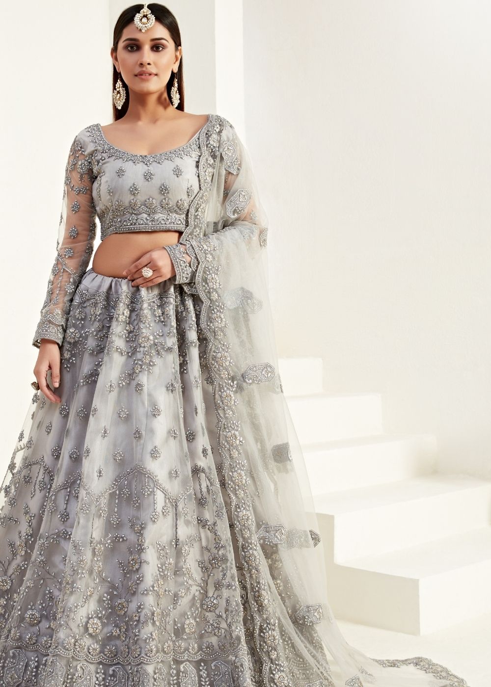 Pewter Grey Soft Net Lehenga Choli with Coding, Thread, Stonework & Badla Embroidery(Pre-order) | Ready To Wear - qivii