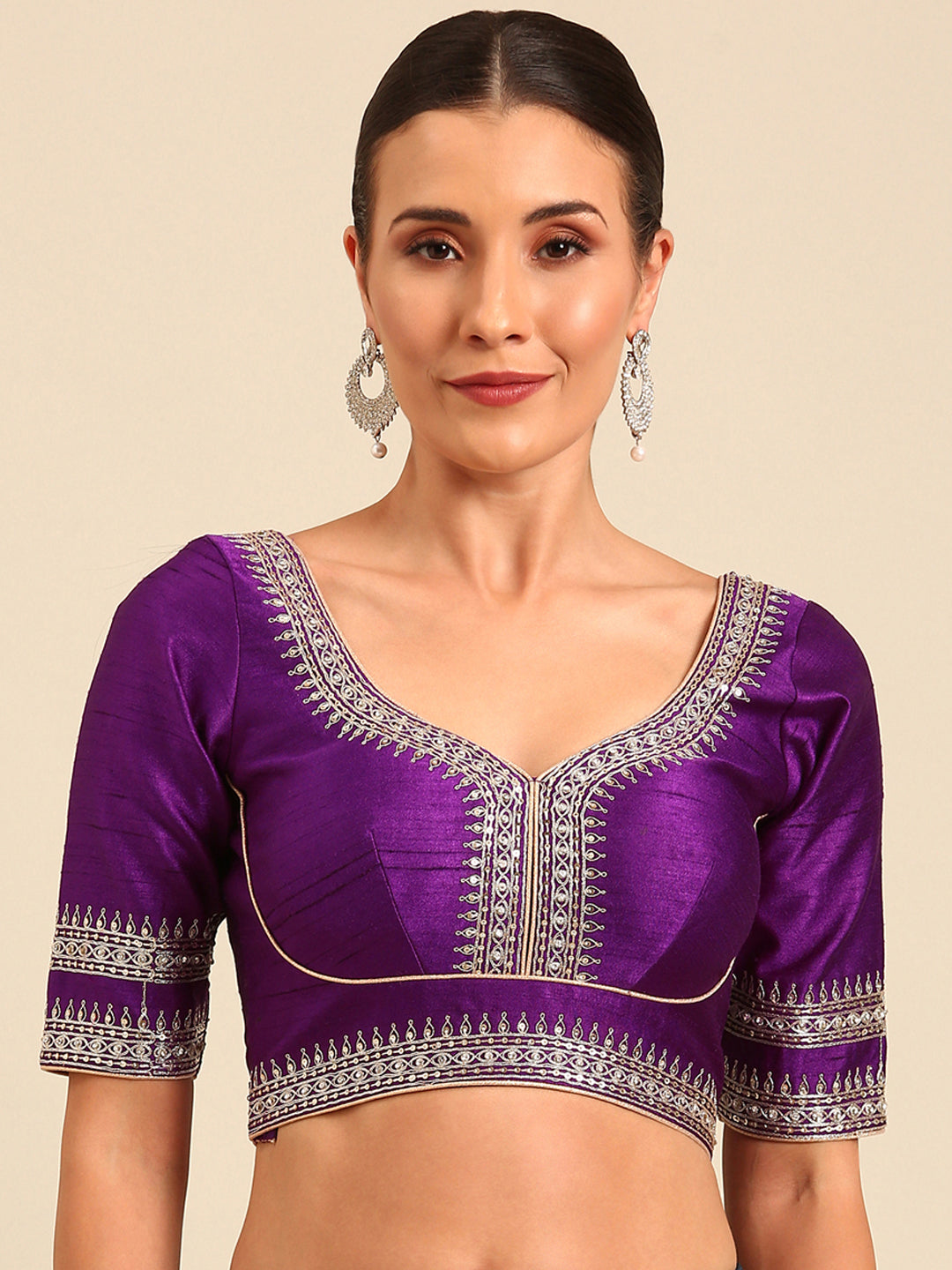 Purple-Toned Pure Silk Embroidery Work Readymade Blouse