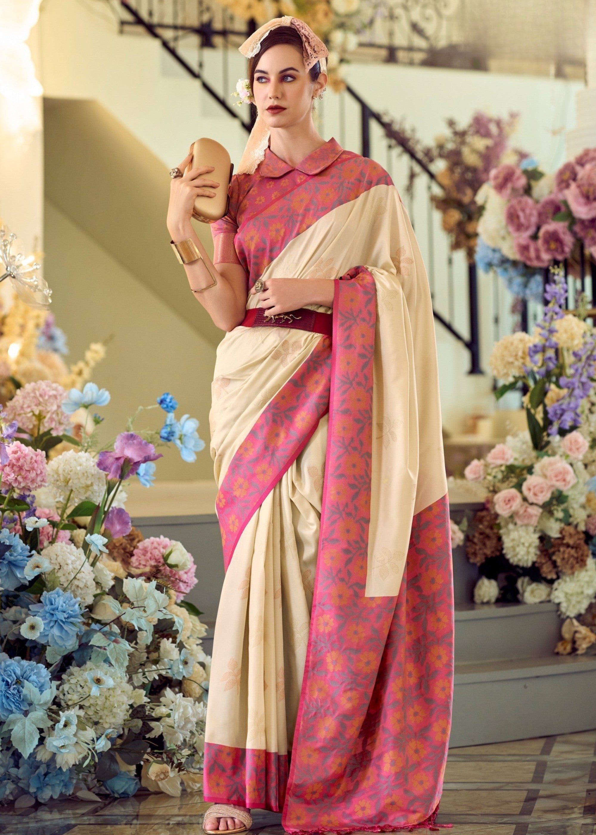 Cream White Soft Silk Saree With Ikkat Border - qivii