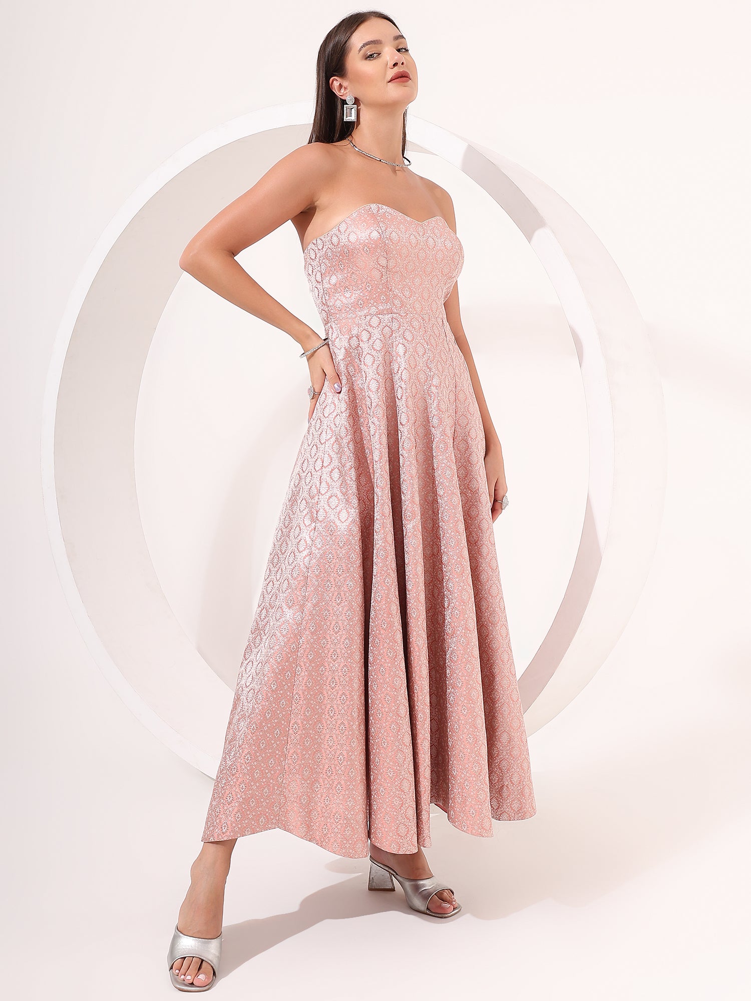 Peach Silver Brocade Anarkali Gown - qivii