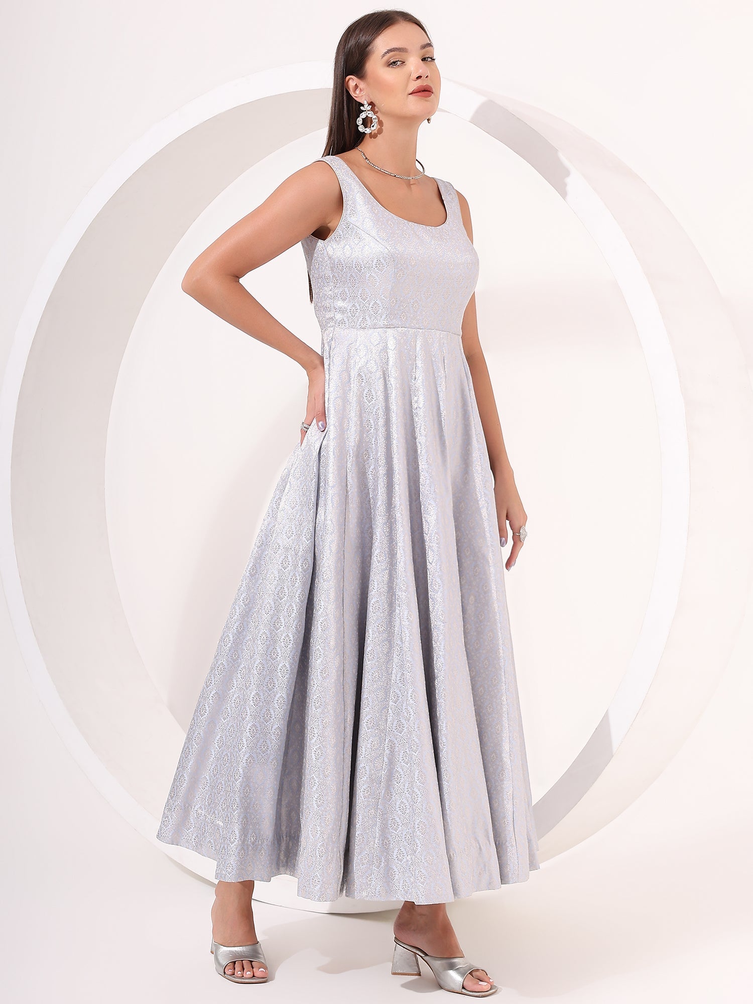 Powder Blue Silver Brocade Anarkali Gown - qivii