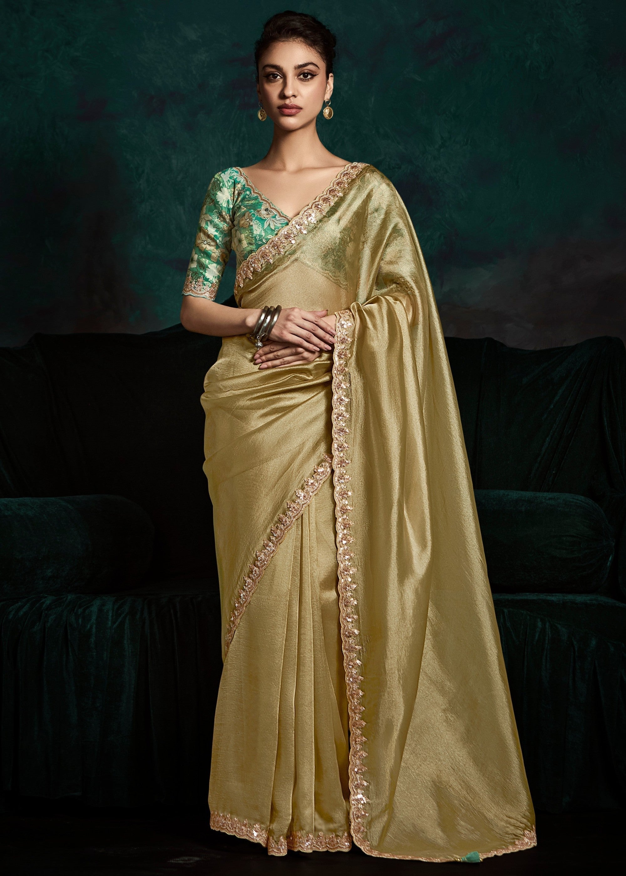 Golden Fancy Fabric Silk Saree With Sequins And Thread Embroidered Butti Work - qivii