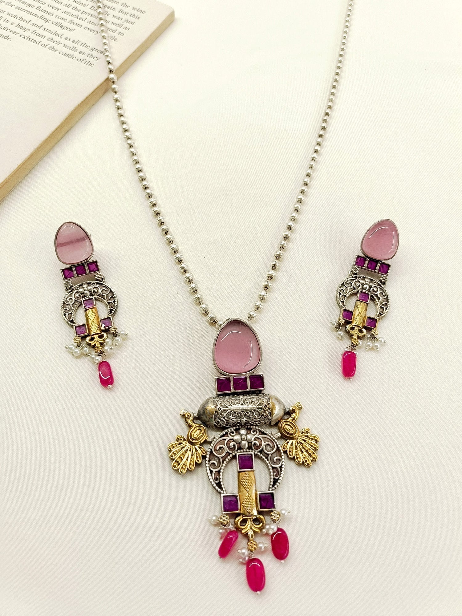 Karter Ruby Oxidized Pendant Set - qivii