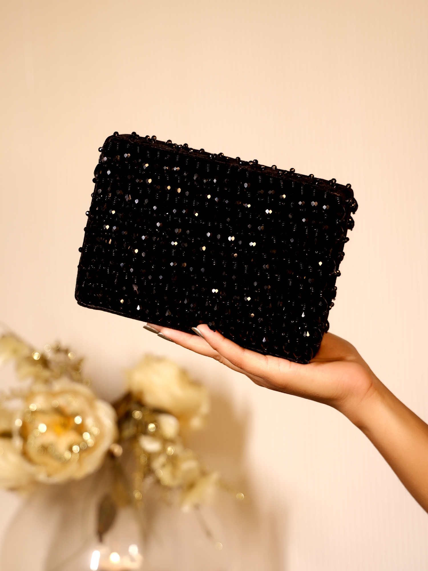 Parineeta Velvet Black Beaded Evening Clutch - qivii