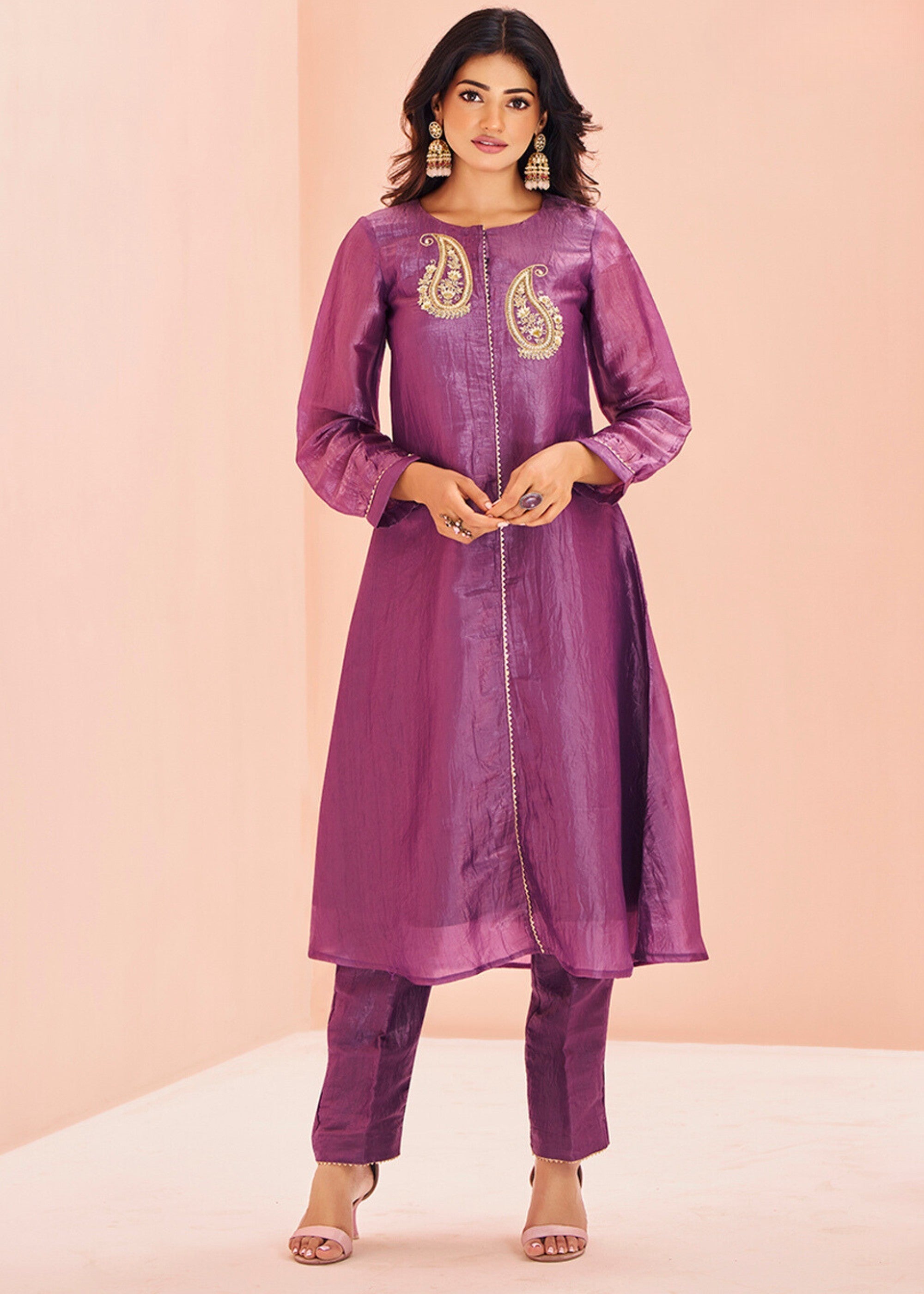 Purple Organza Handwork Kurta with Pant - qivii