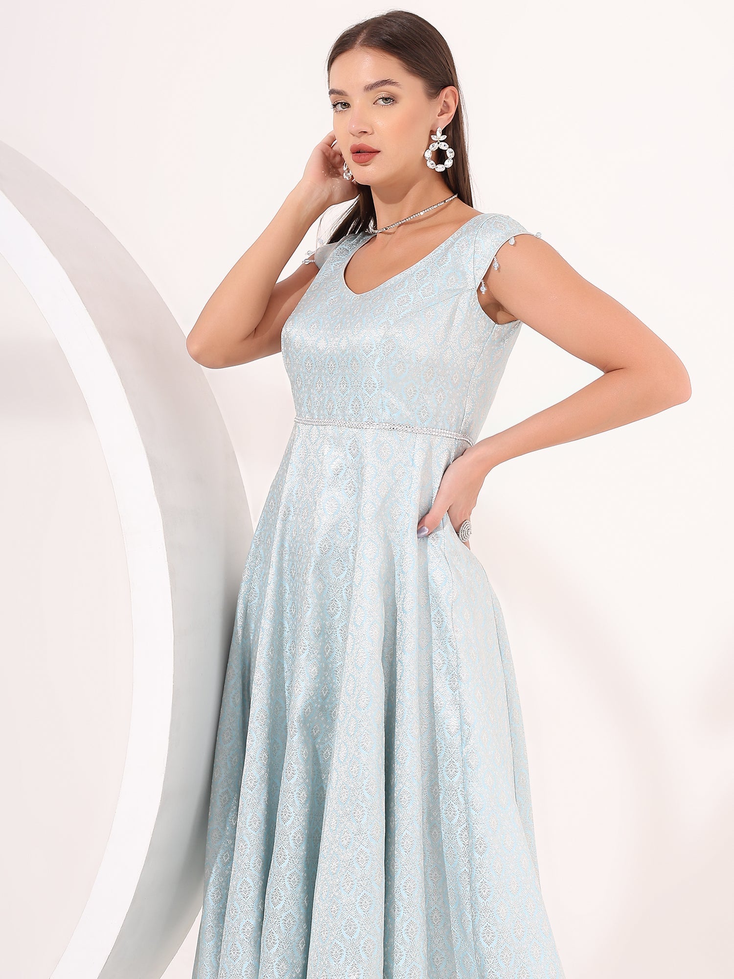 Ice-Blue Silver Brocade Anarkali Gown - qivii