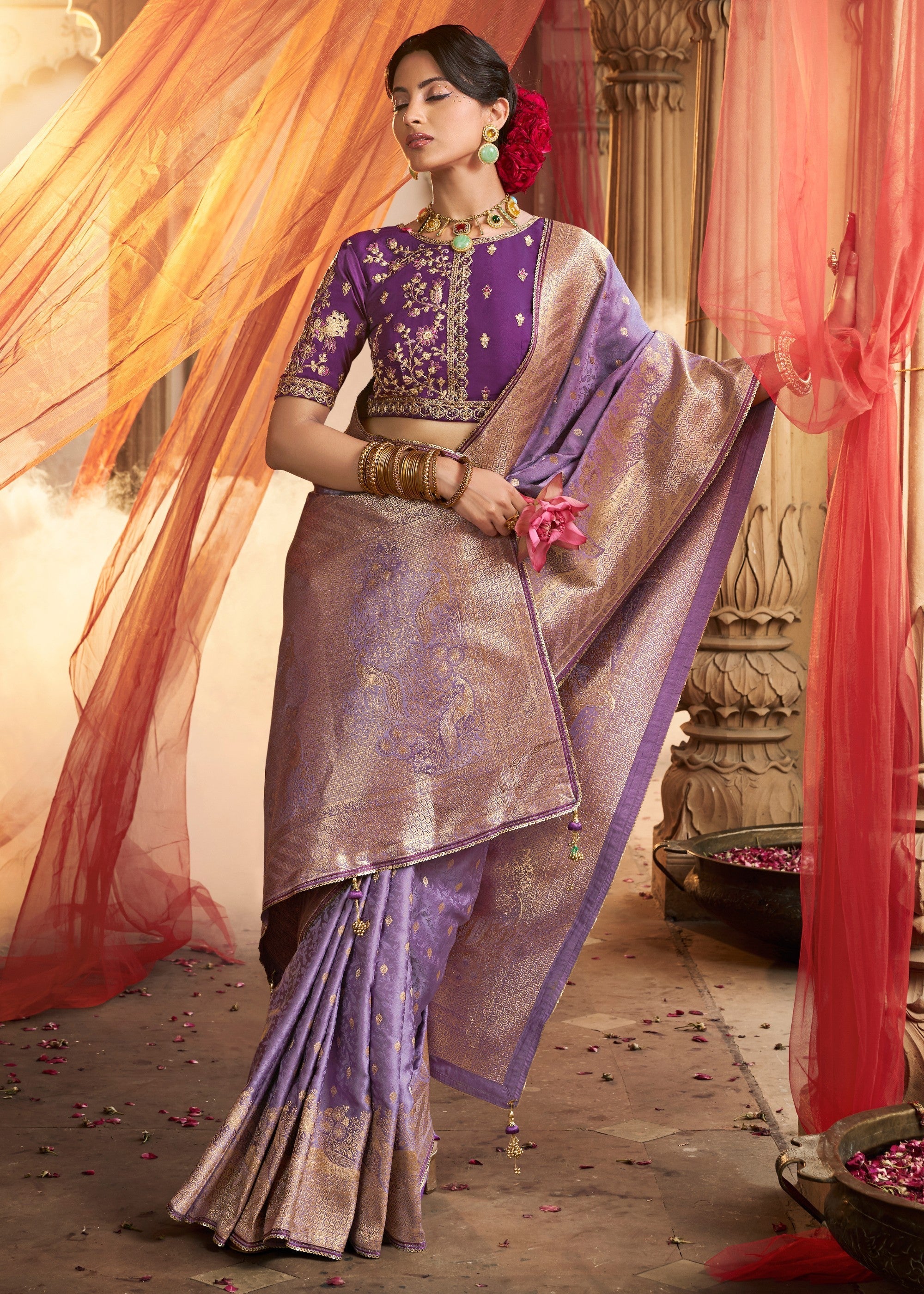 Amethyst Purple Satin Silk Saree With Beautiful Lace Border And Heavy Designer Embroidered Blouse - qivii