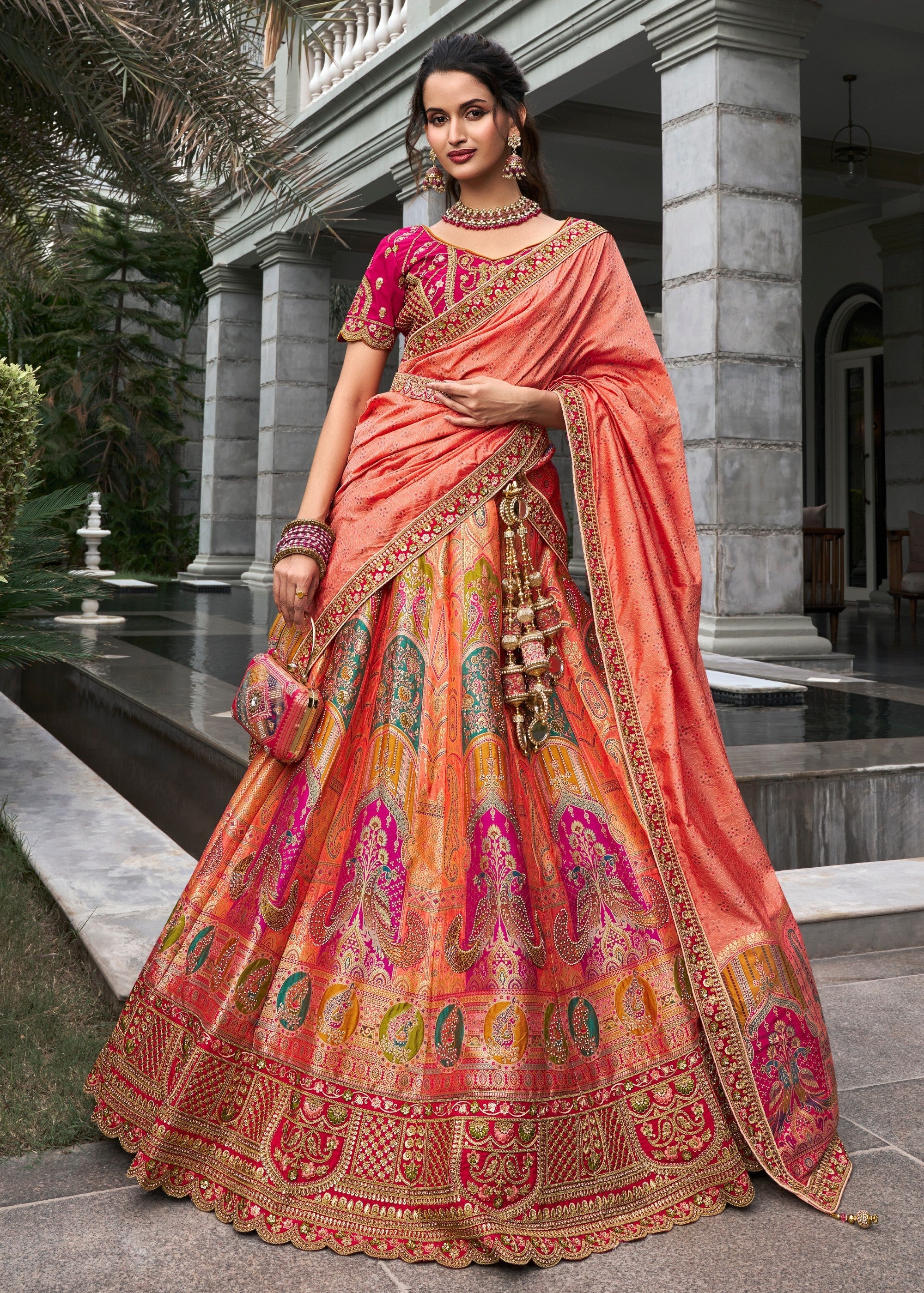 Orange & Pink Banarasi Silk Lehenga with Zarkan Codding work | Ready To Wear - qivii