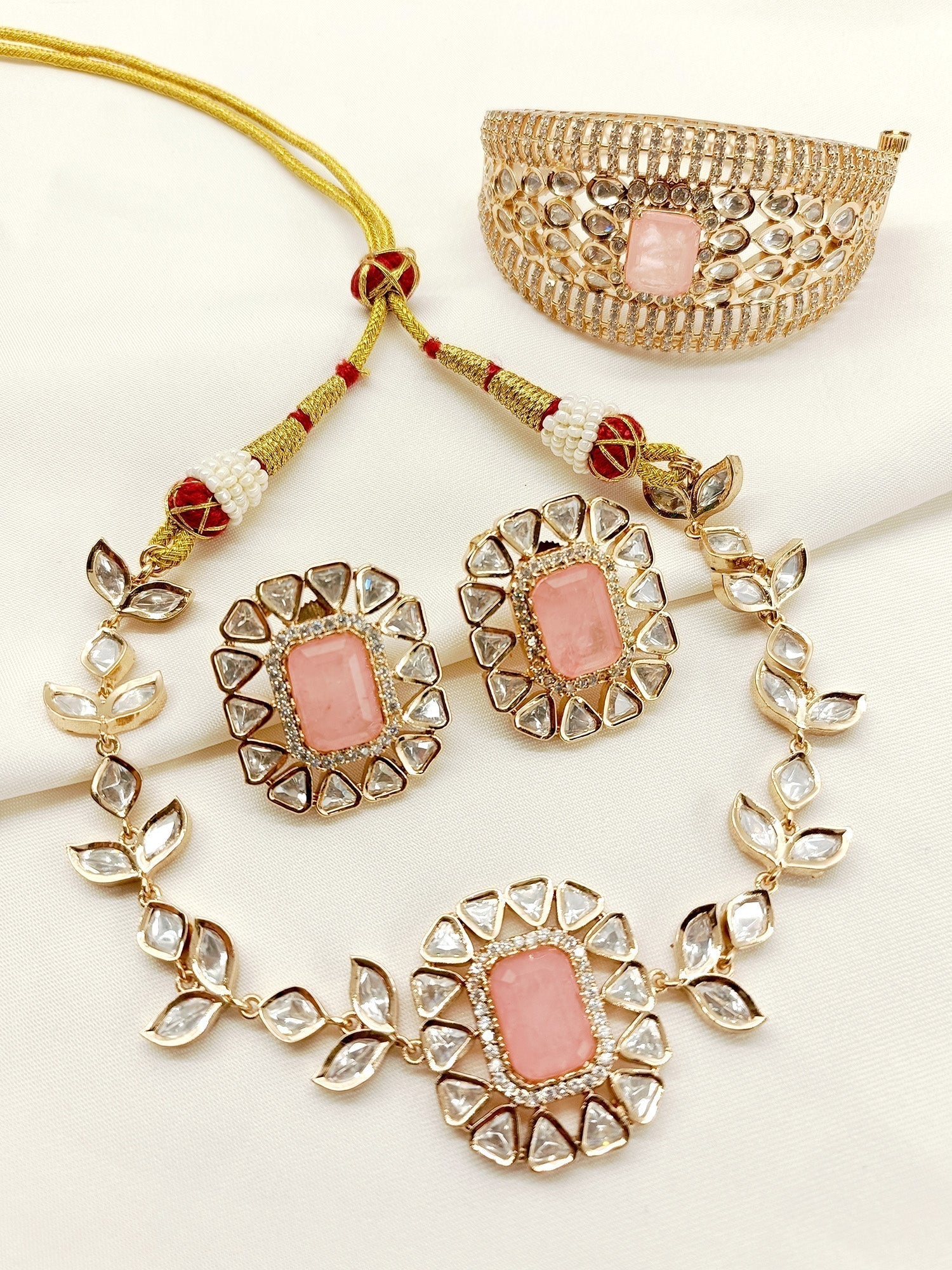 Avanya Pink Kundan Choker With Bracelet Combo set - qivii