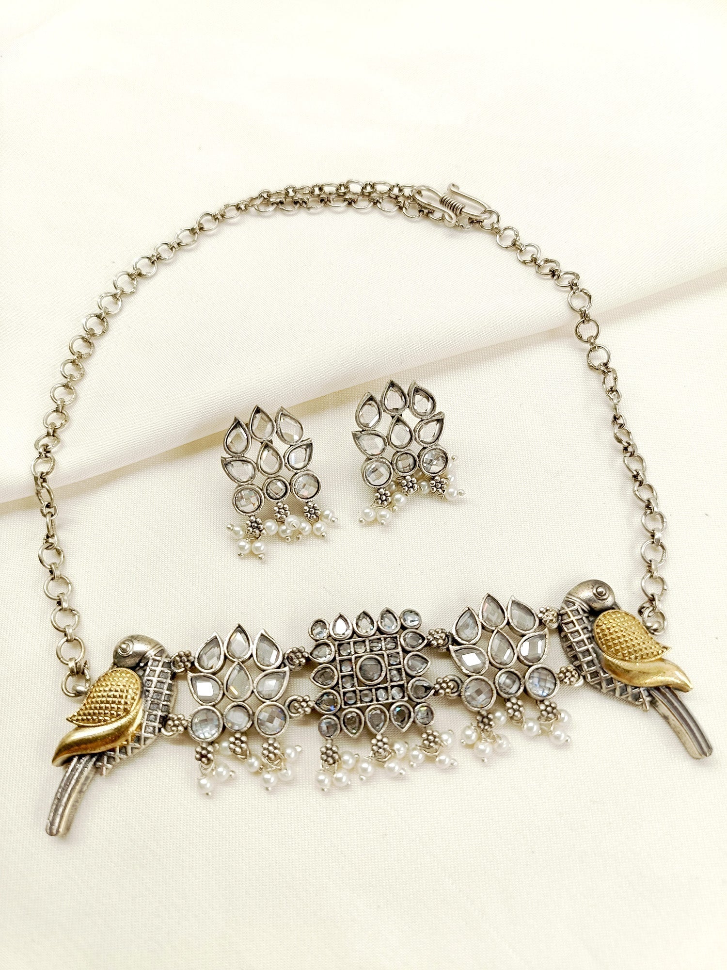 Becky White Peacock Oxidized Choker Set - qivii