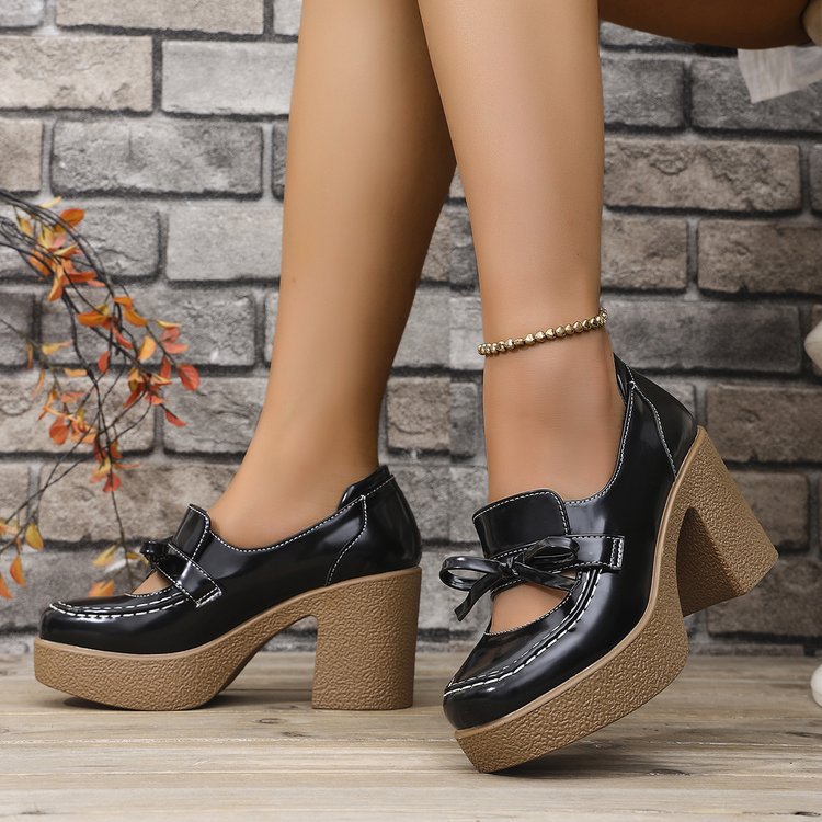 Women's Lillian Textured Sole Bow Mary Jane Platform Heels - Chunky Block Heel Shoes (US 5-10.5)
