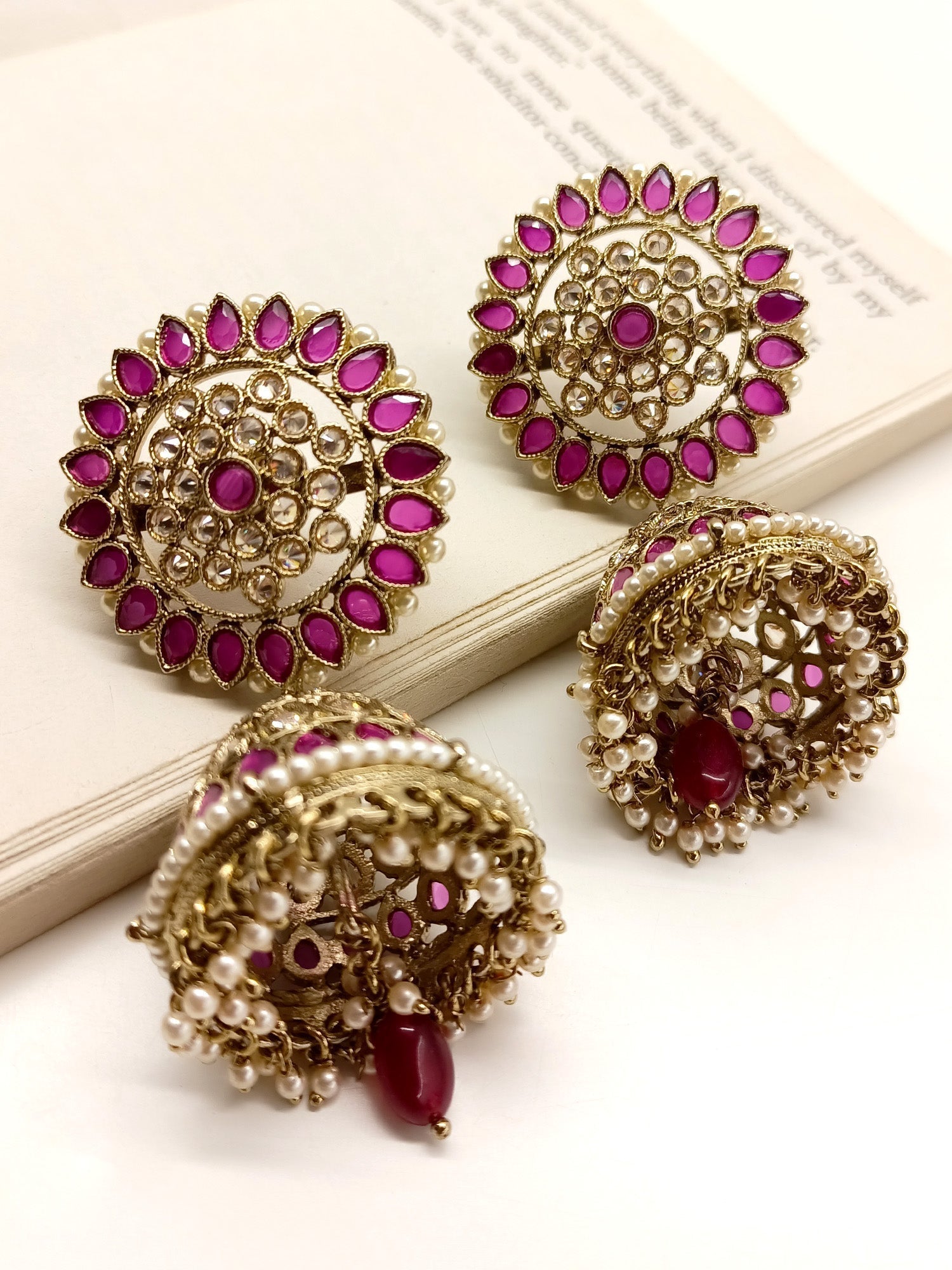 Antique Gold Plated Brass Metal Polki Jhumki Earrings with Pearl and Beads Hanging