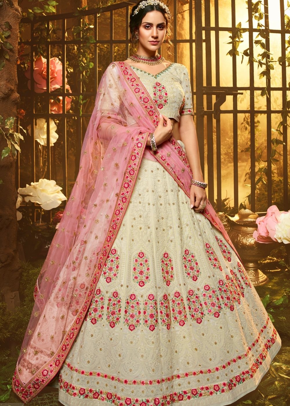 Ivory White Georgette Lehenga Choli with Thread, Zari, Sequin and Stone work | Ready To Wear - qivii