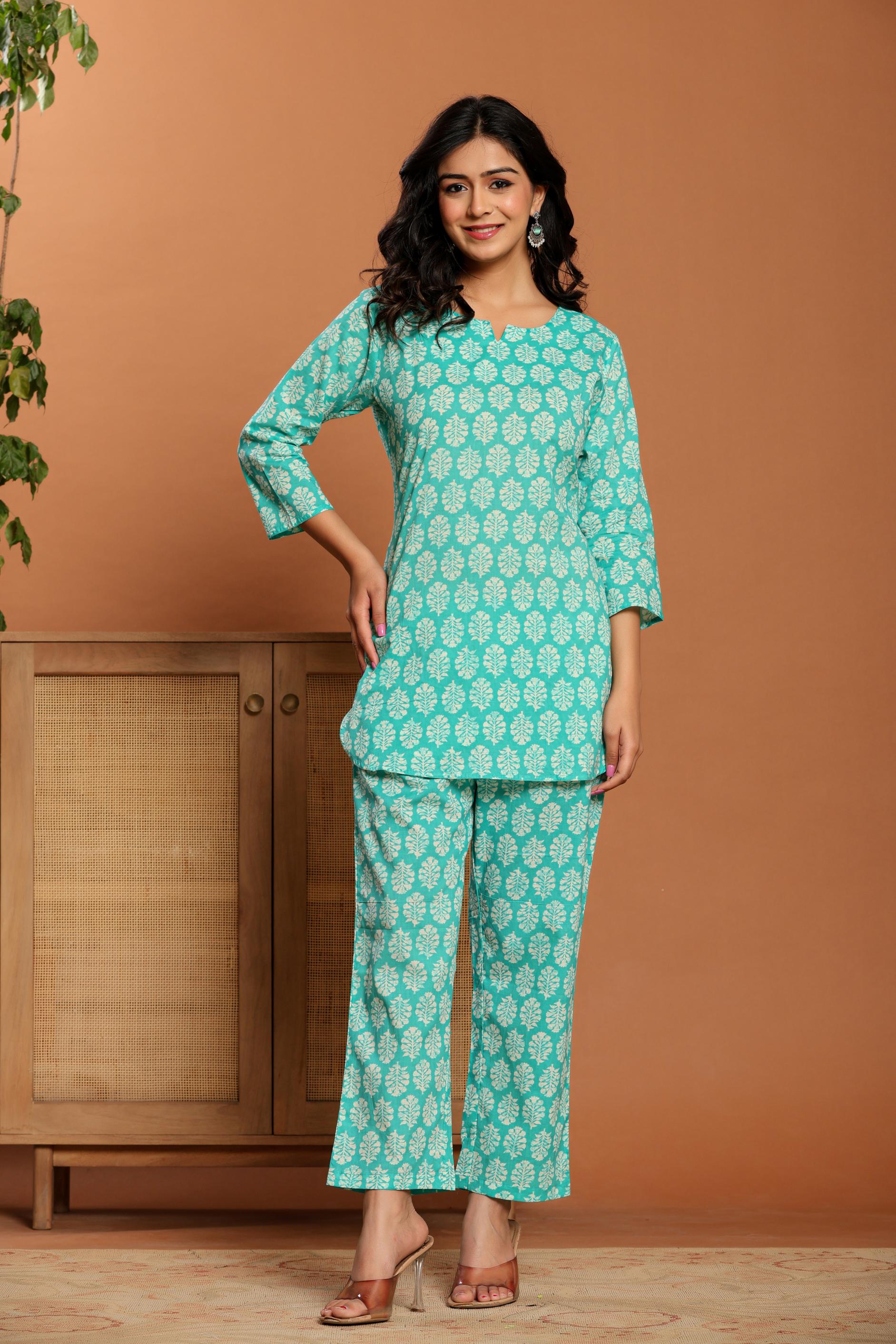 Green Printed Cotton Coord Set - qivii