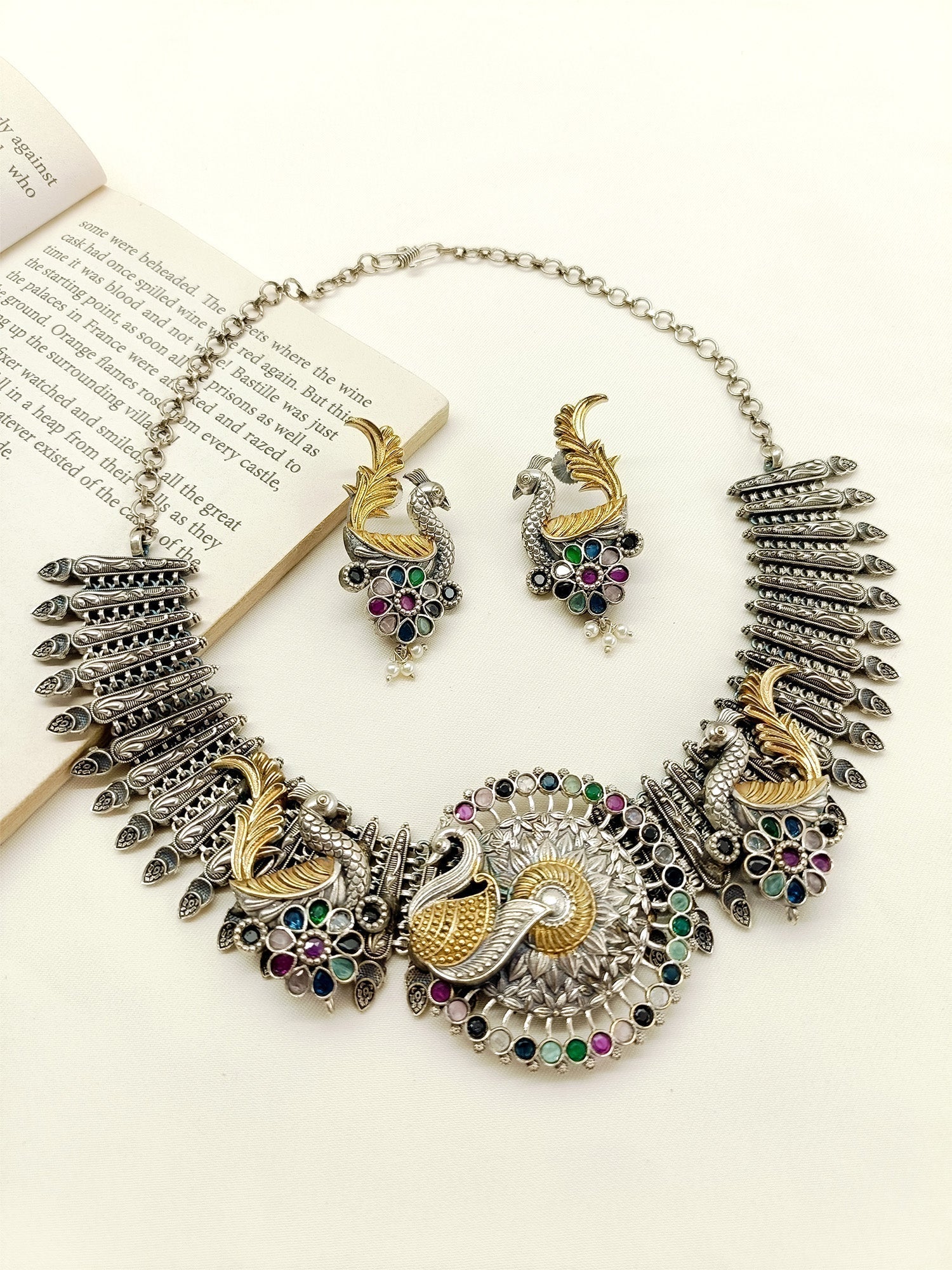 Disuza Multi Colour Peacock Oxidized Necklace Set - qivii