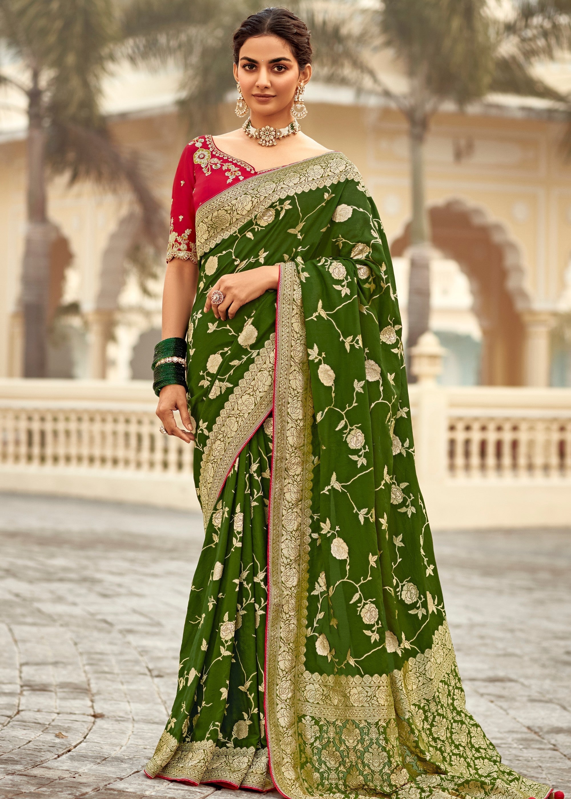 Mehendi Green Dola Silk Saree Embellished With Weaving Work And Heavy Embroidered Blouse - qivii