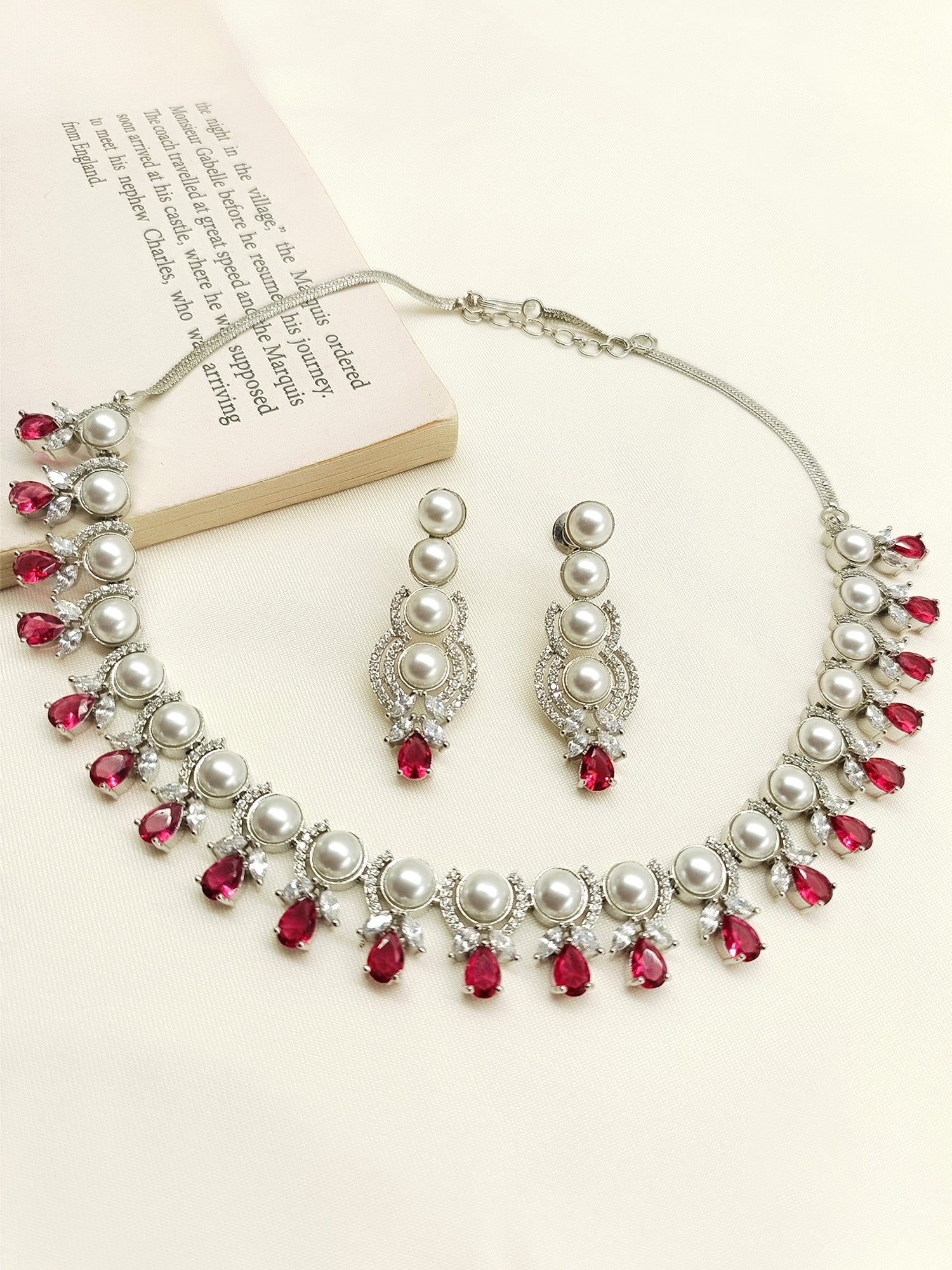 Leena Rose Pink American Diamond Necklace Set - qivii