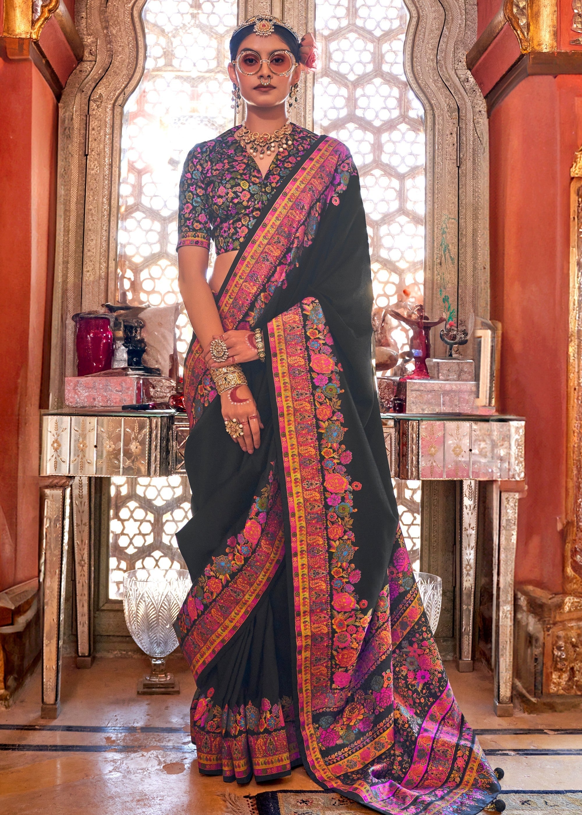 Coal Black Silk Saree With Luxury Print And Glory Finish - qivii