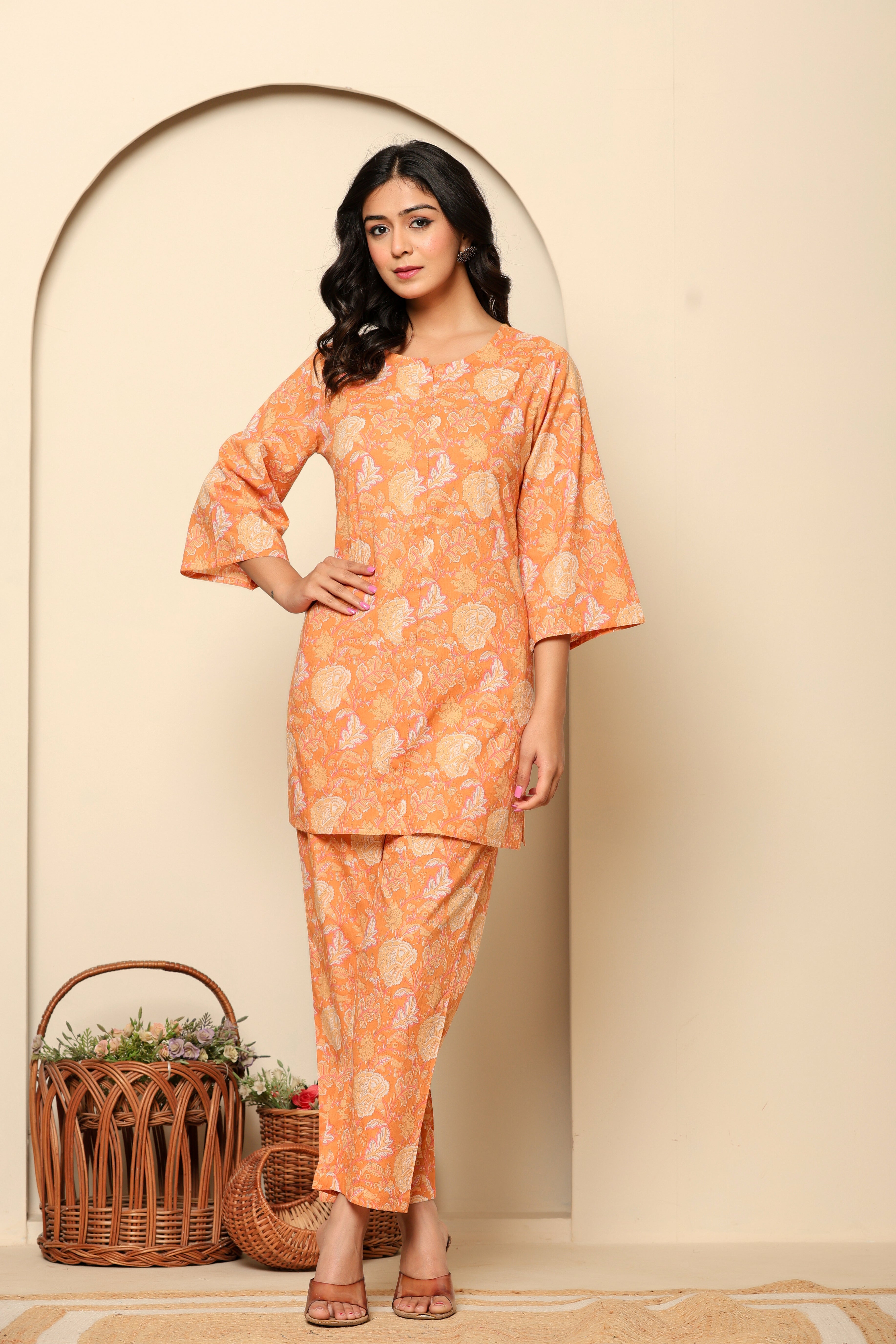 Peach Printed Cotton Coord Set - qivii
